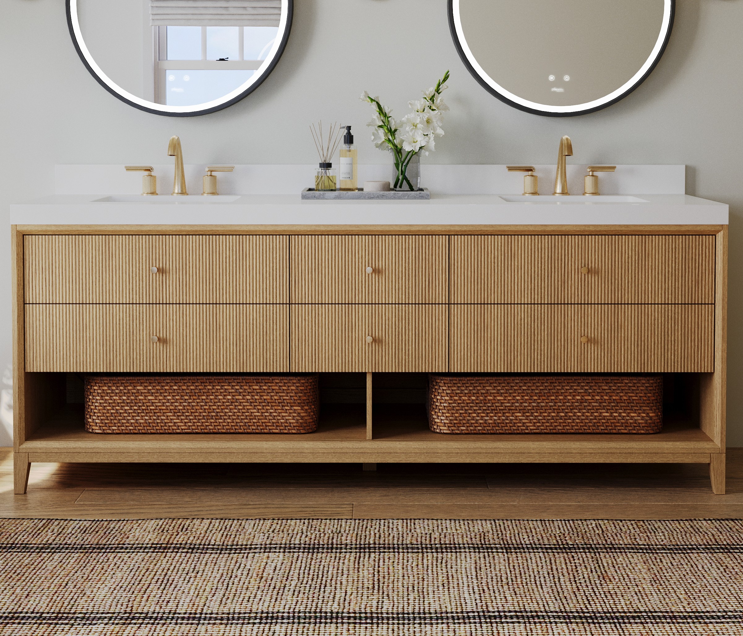 72" Double Bathroom Vanity in American Oak Finish with Alpine White Quartz Top 72" Double Bathroom Vanity in American Oak Finish with Alpine White Quartz Top