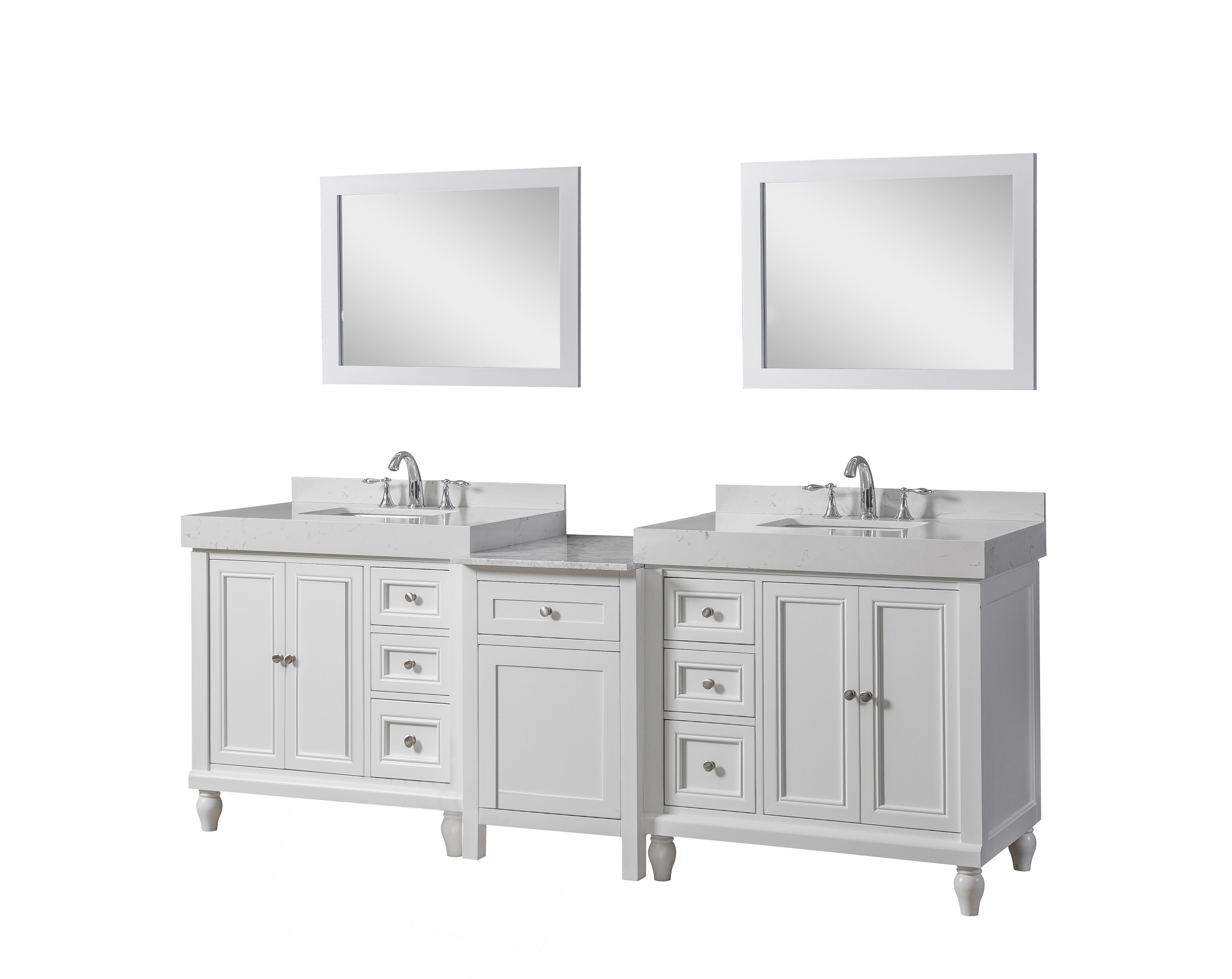 95" Vanity in White with White Culture Marble Top  and 2 mirrors 