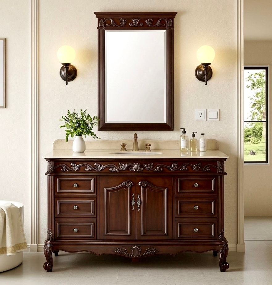 Adelina 56" Traditional Style Cherry Brown Bathroom Sink Vanity with Cream top, Backsplash Option and Mirror Options