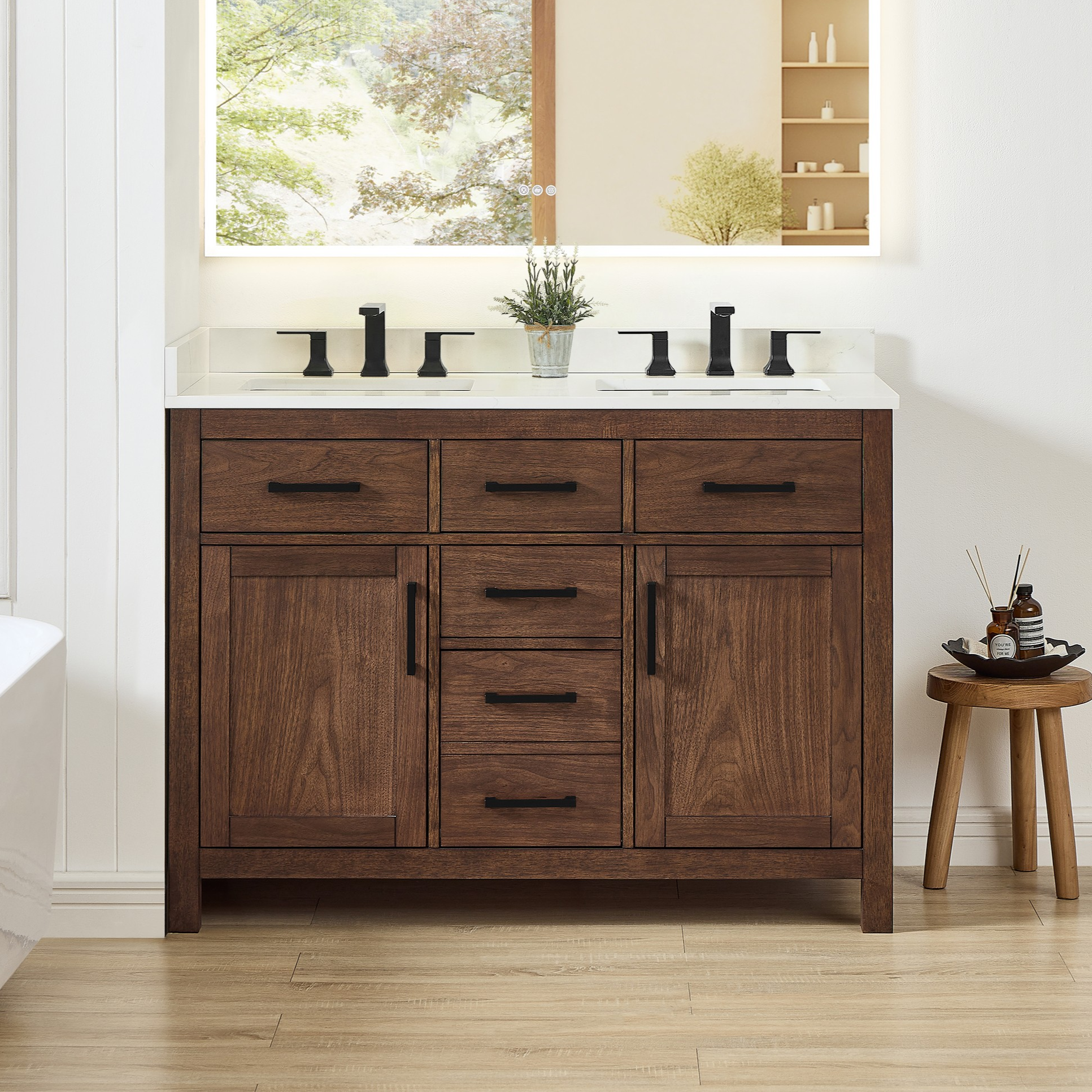 48 Inch Double Bathroom Vanity in Dark Walnut, Matte Black Trim with 3 Hardware Options and Countertop Options 