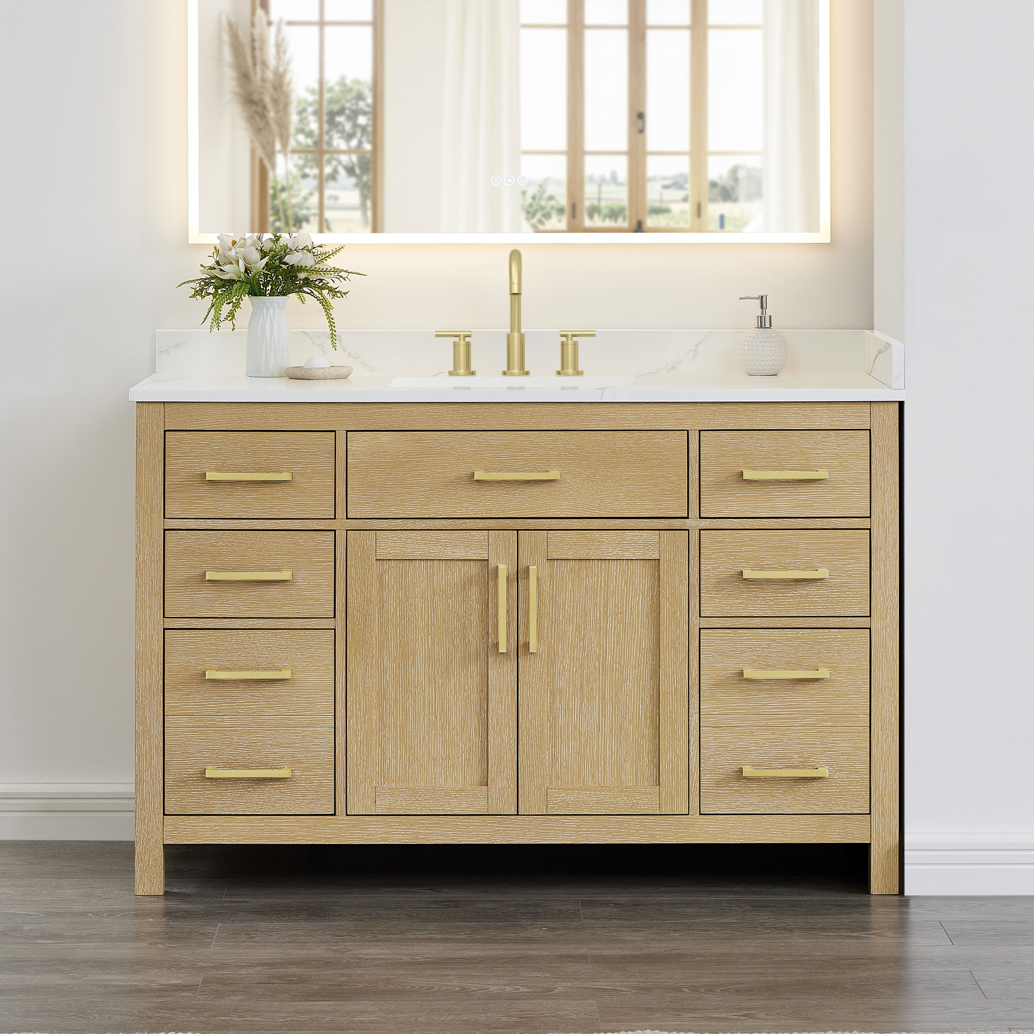 54 Inch Single Bathroom Vanity in Whitewashed Oak, Brushed Nickel Trim with 3 Hardware Options and Countertop Options