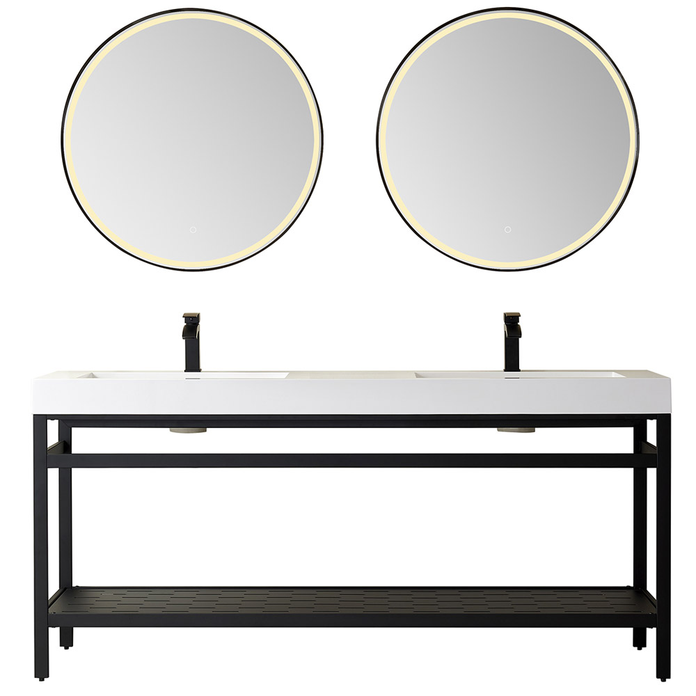 72" Double Sink Bath Vanity in Matt Black Metal Support with White One-Piece Composite Stone Sink Top 