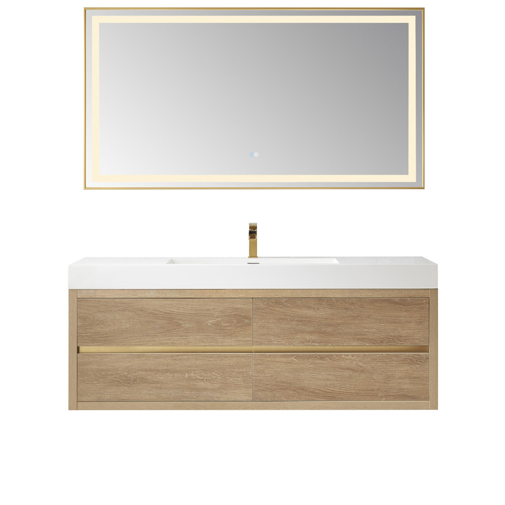 60" Single Sink Wall-Mount Bath Vanity in North American Oak with White Composite Integral Square Sink Top 