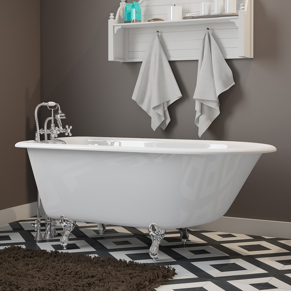 Cast-Iron Rolled Rim Clawfoot Tub 55" X 30" with 3 3/8" Bathtub Wall Faucet Drillings and British Telephone Style Faucet Complete with Plumbing Package Options