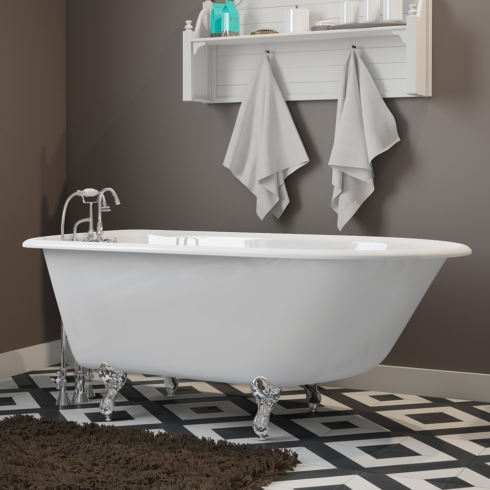 Cast-Iron Rolled Rim Clawfoot Tub 55" X 30" with 3 3/8" Bathtub Wall Faucet Drillings and English Telephone Style Faucet Complete with Plumbing Package Options