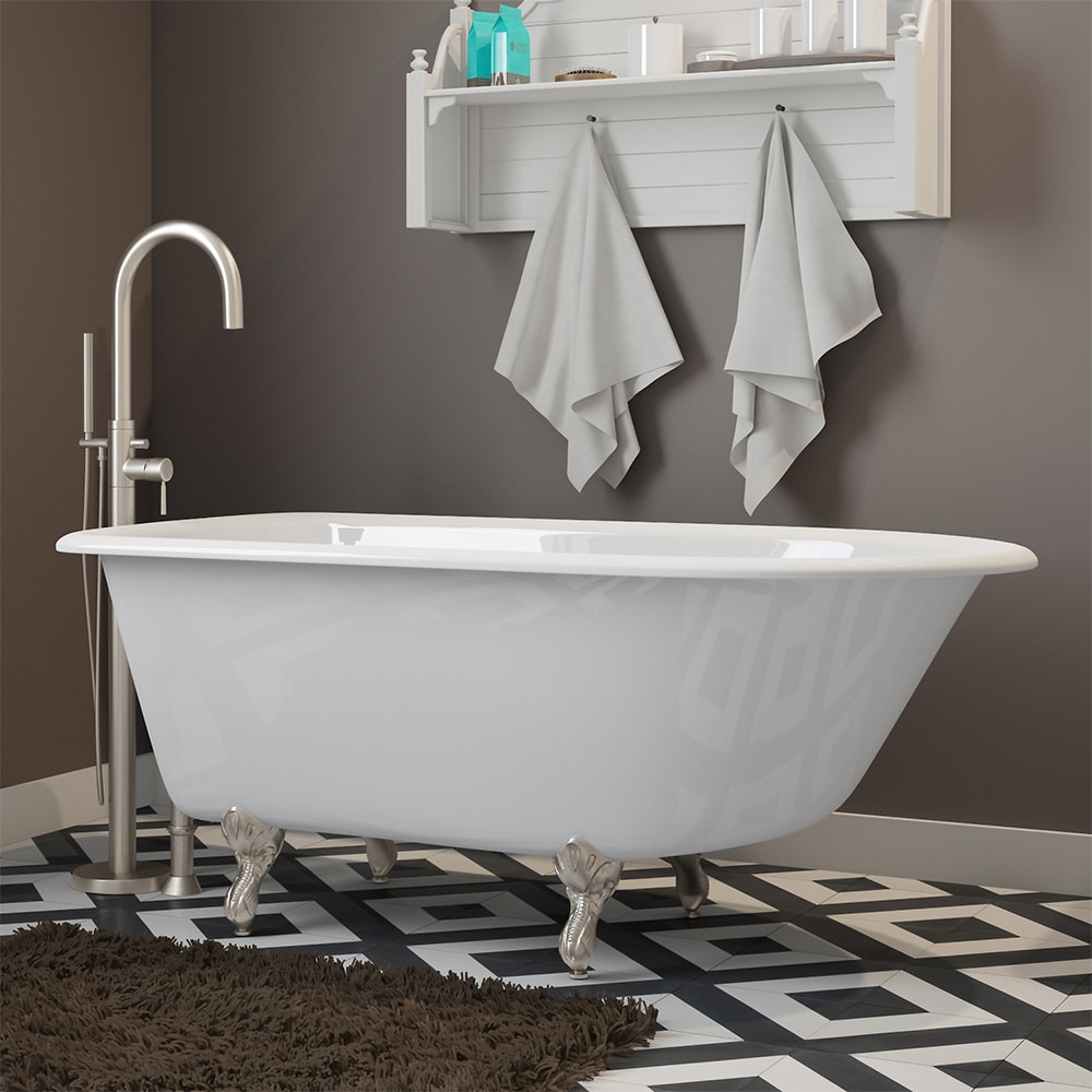 Cast-Iron Rolled Rim Clawfoot Tub 55" X 30"  with no Faucet Drillings and Complete Polished Chrome Modern Freestanding Tub Filler with Hand Held Shower Assembly with Plumbing Package Options