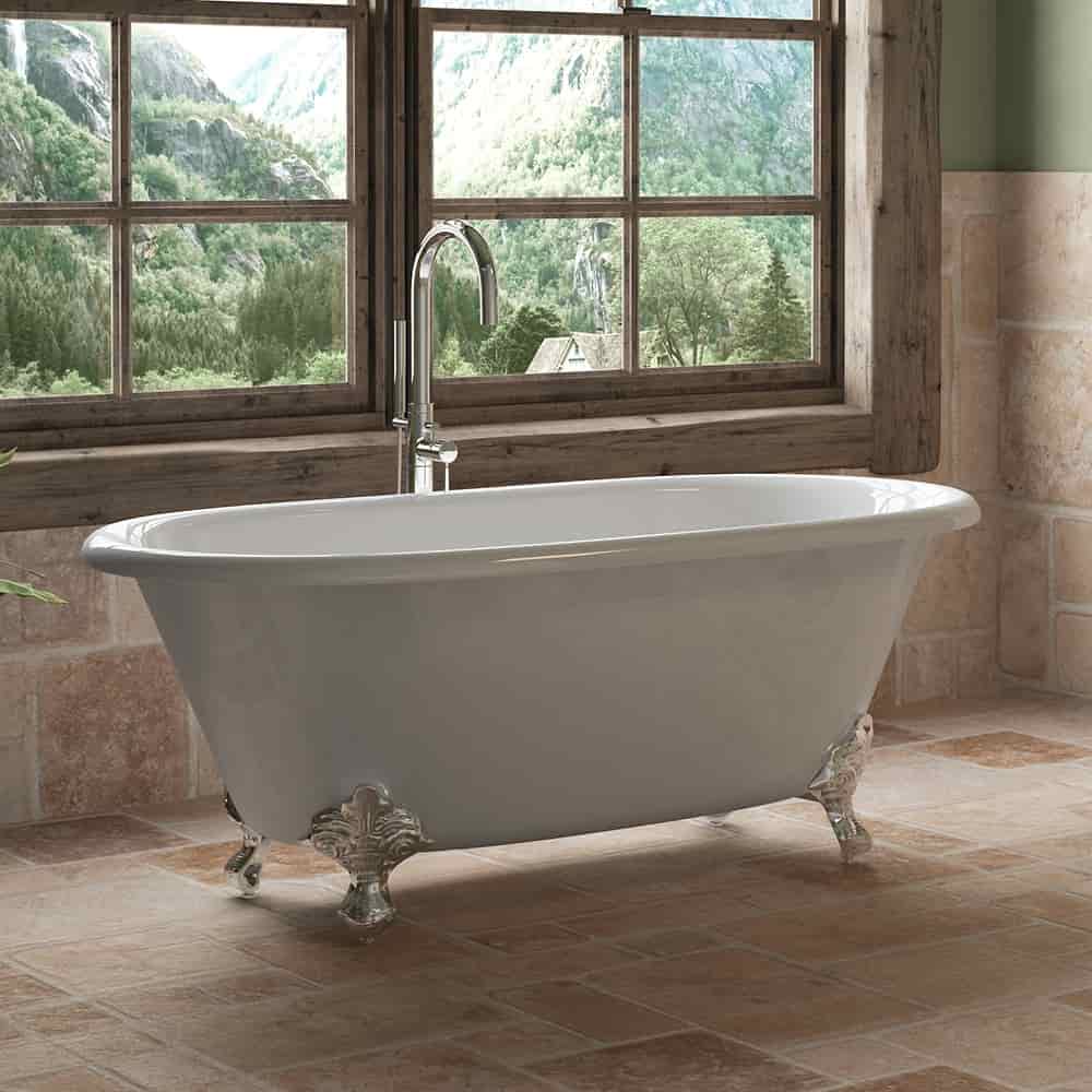 Cast Iron Double Ended Clawfoot Tub 60" X 30" with no Faucet Drillings and Complete Polished Chrome Modern Freestanding Tub Filler with Hand Held Shower Assembly Plumbing Package