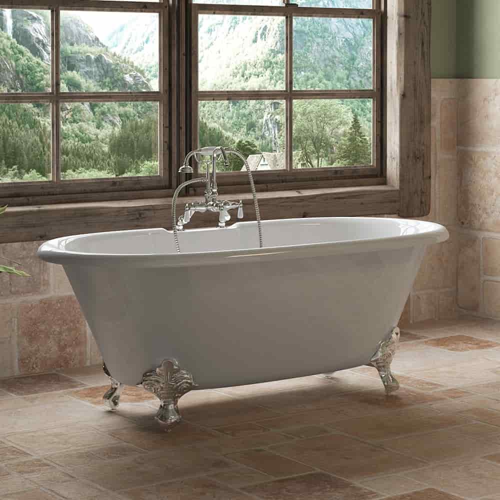 Cast Iron Double Ended Clawfoot Tub 60" X 30" with 7" Deck Mount Faucet Drillings and English Telephone Style Faucet Complete Polished Chrome Plumbing Package