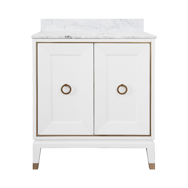 30" Issac Edwards Collection Bath Vanity in Matte White Lacquer Finsih w/ Antique Brass Ring Hardware, White Marble Top and Porcelain Sink