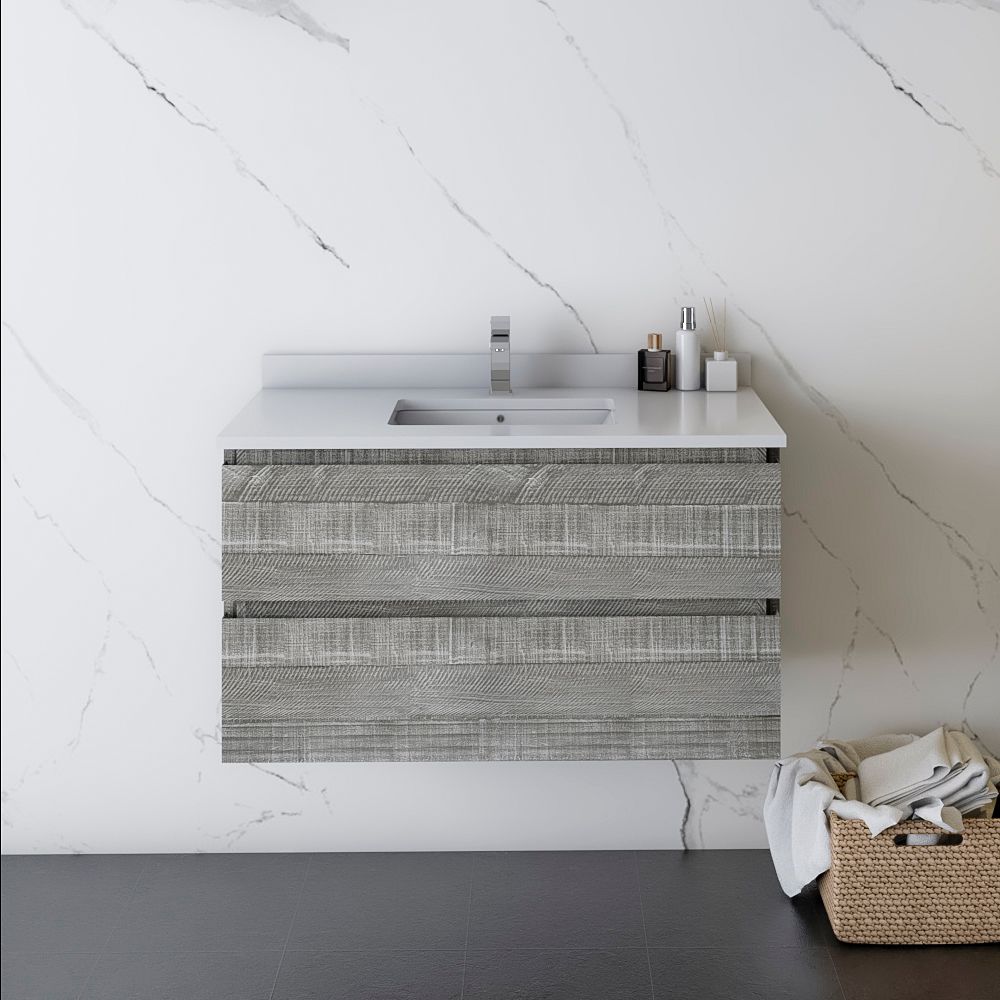 36" Wall Hung Modern Bathroom Cabinet w/ Top & Sink in Ash