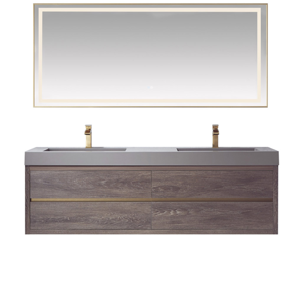72" Double Sink Wall-Mount Bath Vanity in North Carolina Oak with Grey Composite Integral Square Sink Top 
