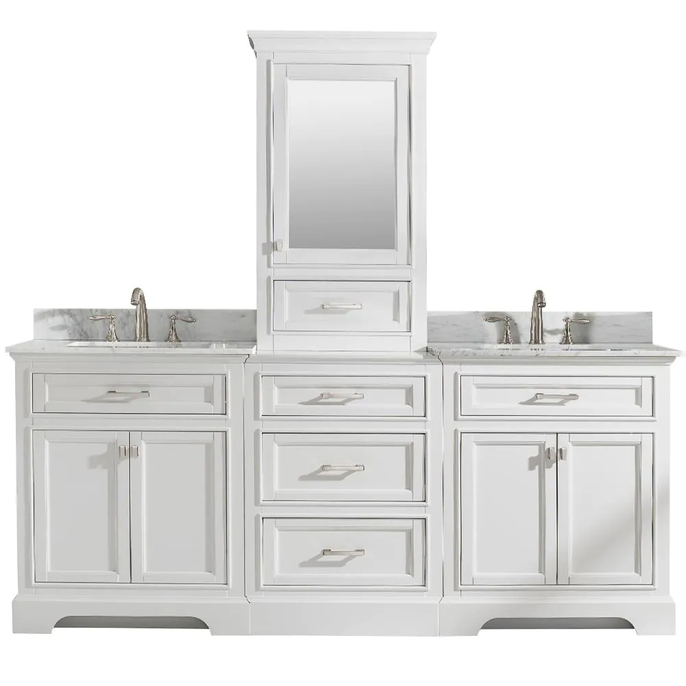 96" Bath Vanity in White with 1" Thick White Quartz Countertop in White with White Basin