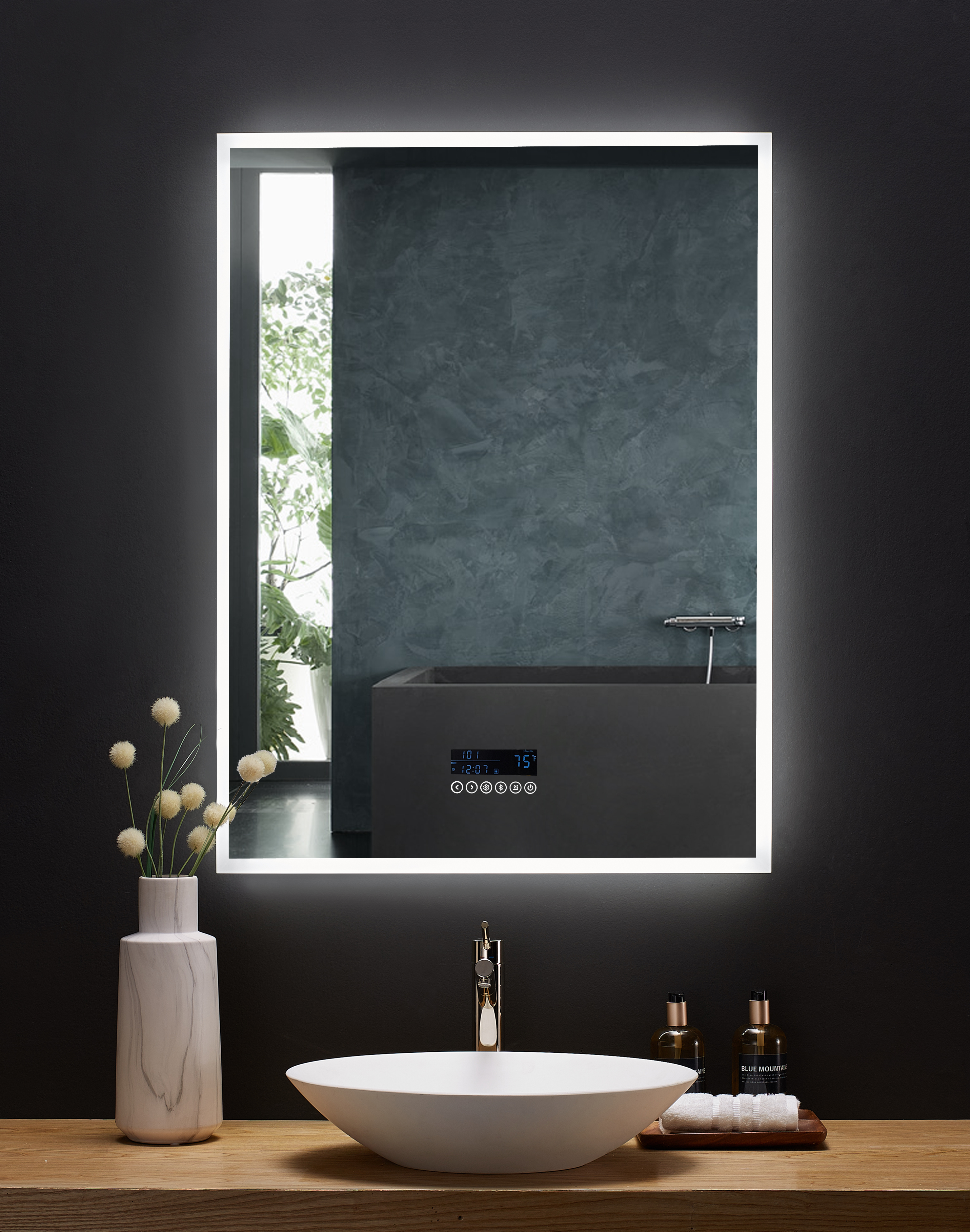 30 in. x 40 in. LED Frameless Mirror with Bluetooth, Defogger and Digital Display 