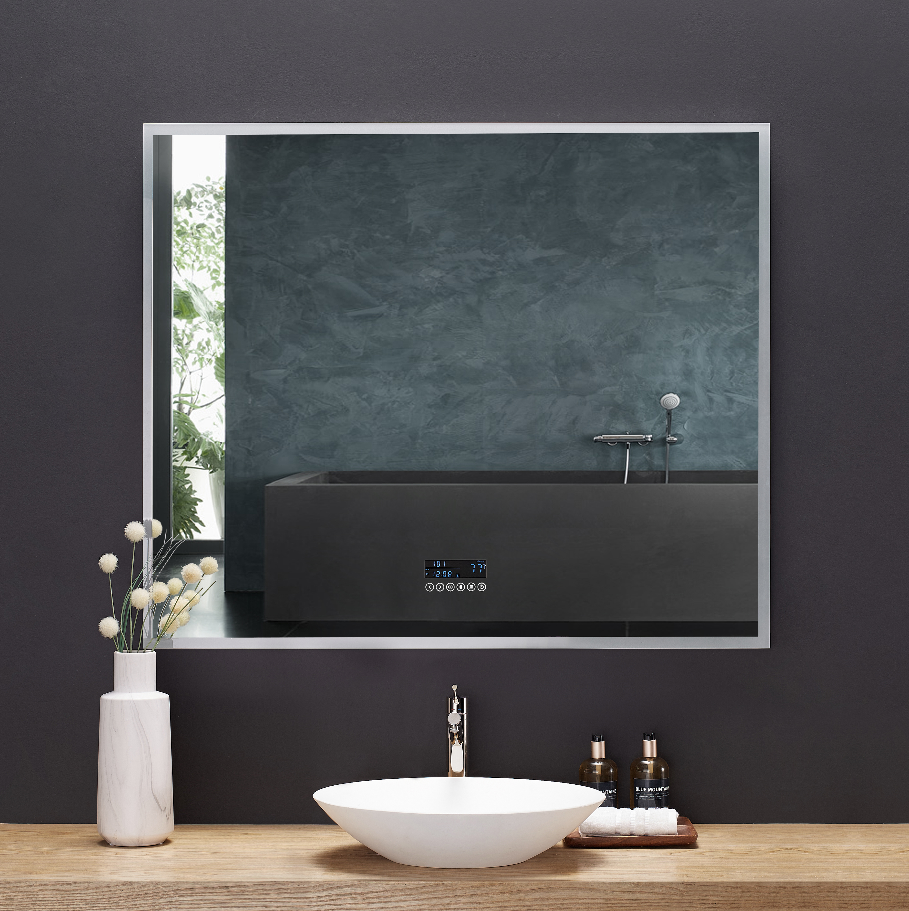 48 in. x 40 in. LED Frameless Mirror with Bluetooth, Defogger and Digital Display 