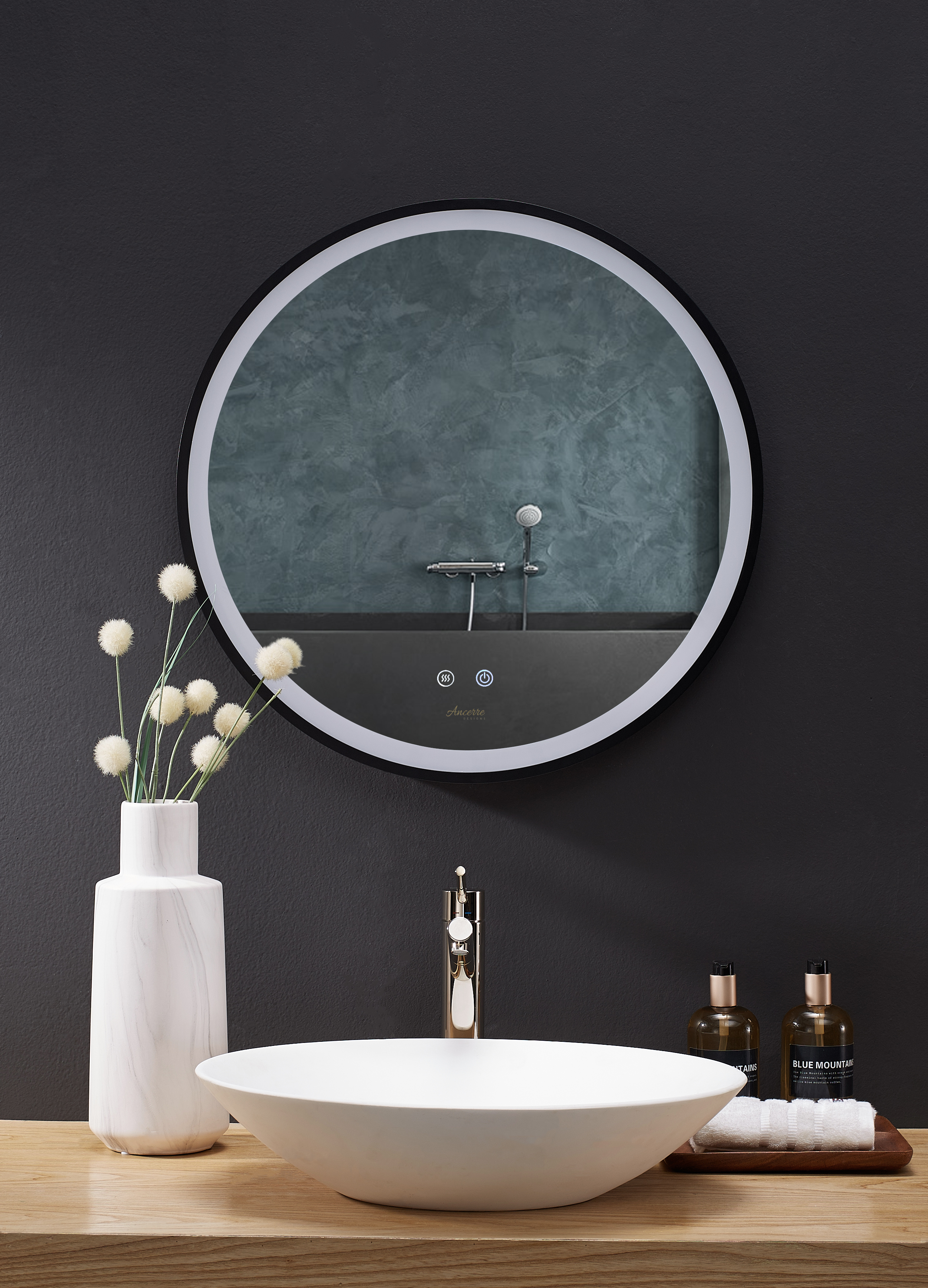 30" Round LED Black Framed Mirror with Defogger and Dimmer  