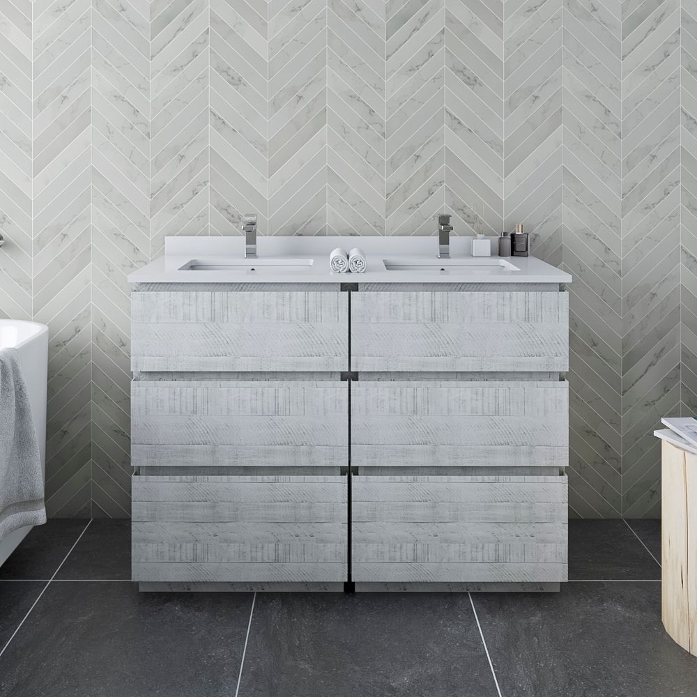 48" Floor Standing Double Sink Modern Bathroom Cabinet w/ Top & Sinks in Rustic White