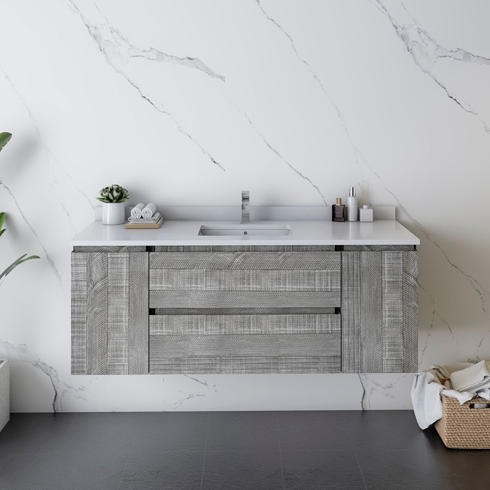 54" Wall Hung Modern Bathroom Cabinet w/ Top & Sink in Ash