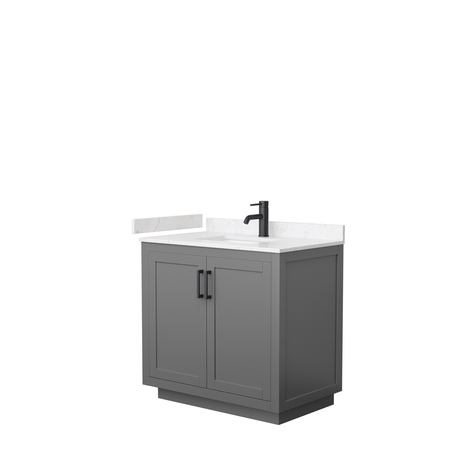 36" Single Bathroom Vanity in Dark Gray, Light-Vein Carrara Cultured Marble Countertop, Undermount Square Sink, Matte Black Trim