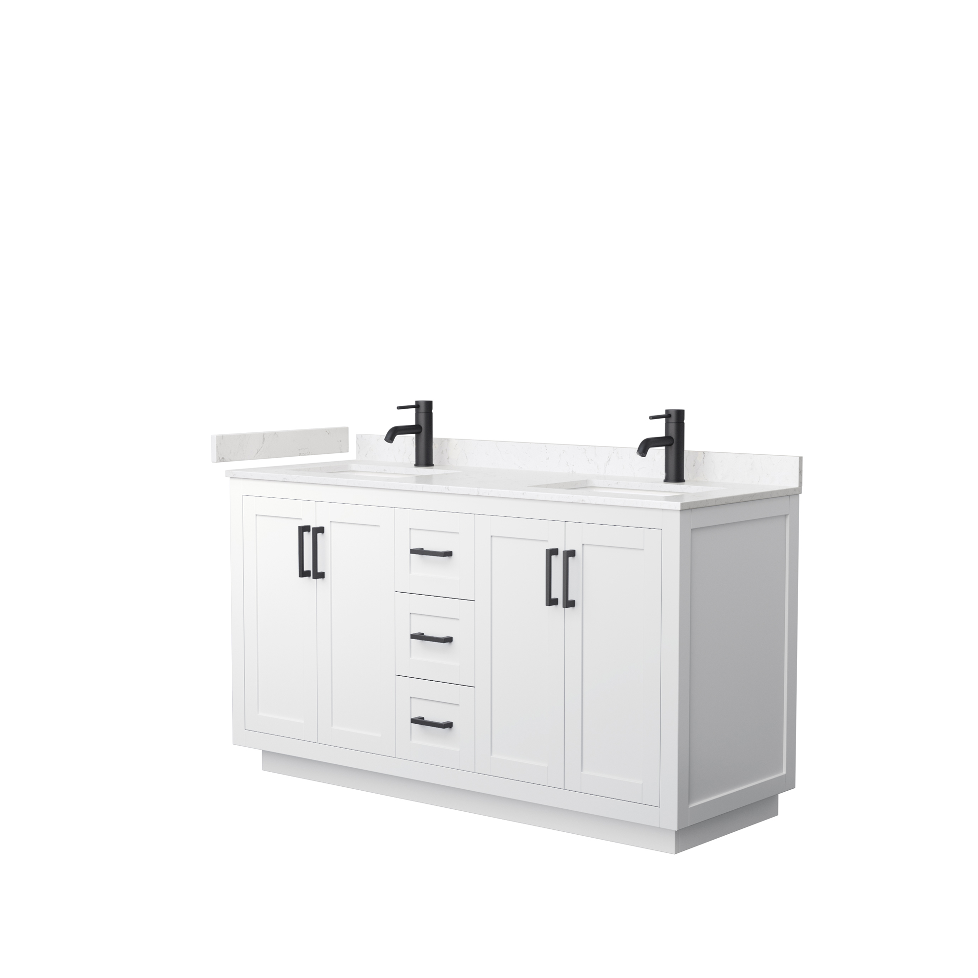 60" Double Bathroom Vanity in White, Light-Vein Carrara Cultured Marble Countertop, Undermount Square Sinks, Matte Black Trim