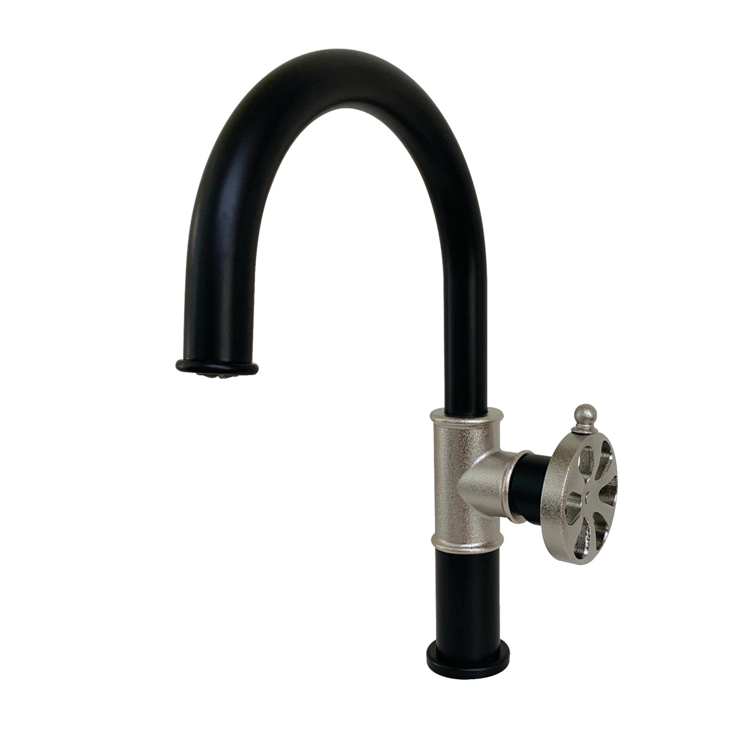 Single-Handle 1-Hole Deck Mount Bathroom Faucet with Push Pop-Up in Matte Black/Polished Nickel