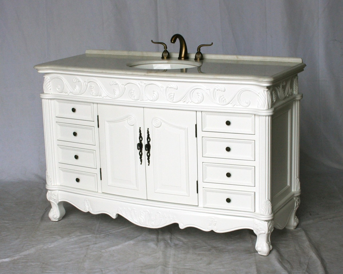 54" Adelina Antique Style Single Sink Bathroom Vanity in Pure White Finish with Imperial White Stone Countertop and Oval White Porcelain Sink