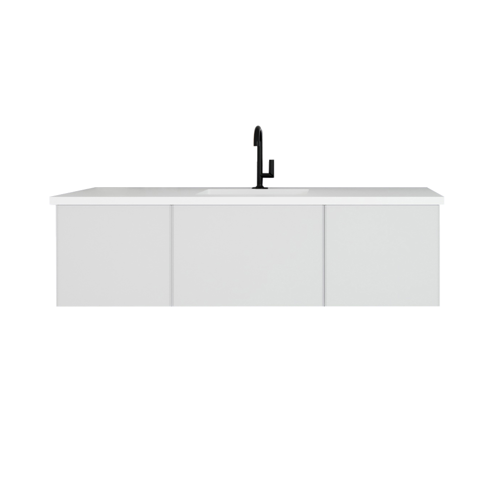60" Cloud White Single Sink Bathroom Vanity with Matte White VIVA Stone Solid Surface Center Sink Countertop