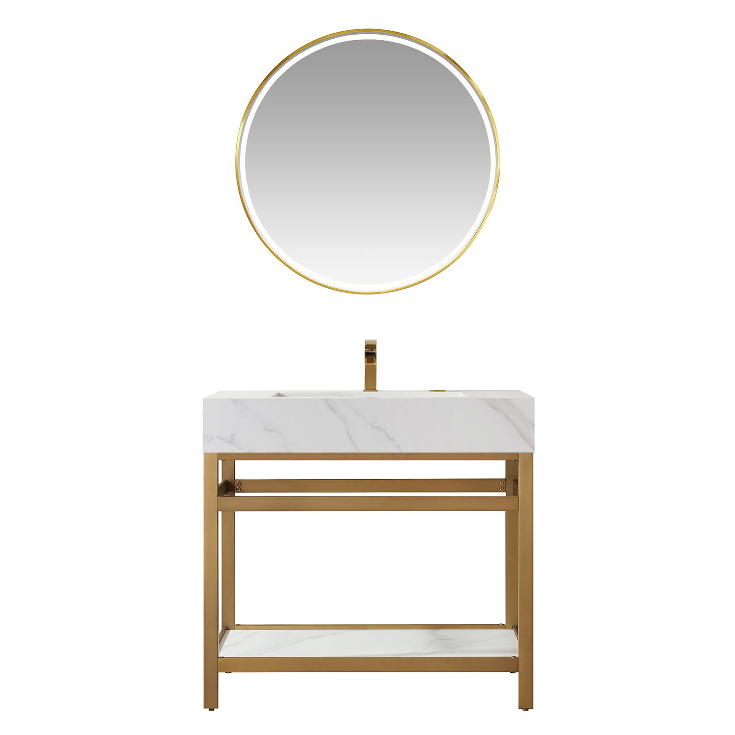 36" Vanity with Brushed-gold stainless steel bracket match with Snow mountain-white stone Countertop Without Mirror