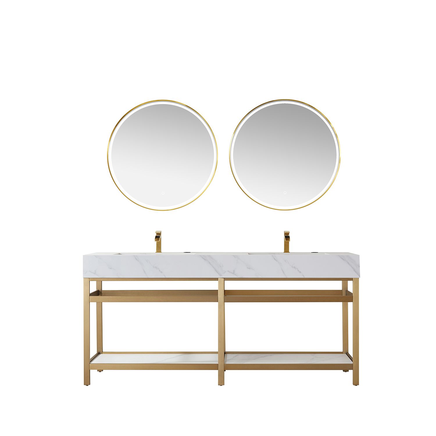 72" Vanity with Brushed-gold stainless steel bracket match with Snow mountain-white stone Countertop Without Mirror