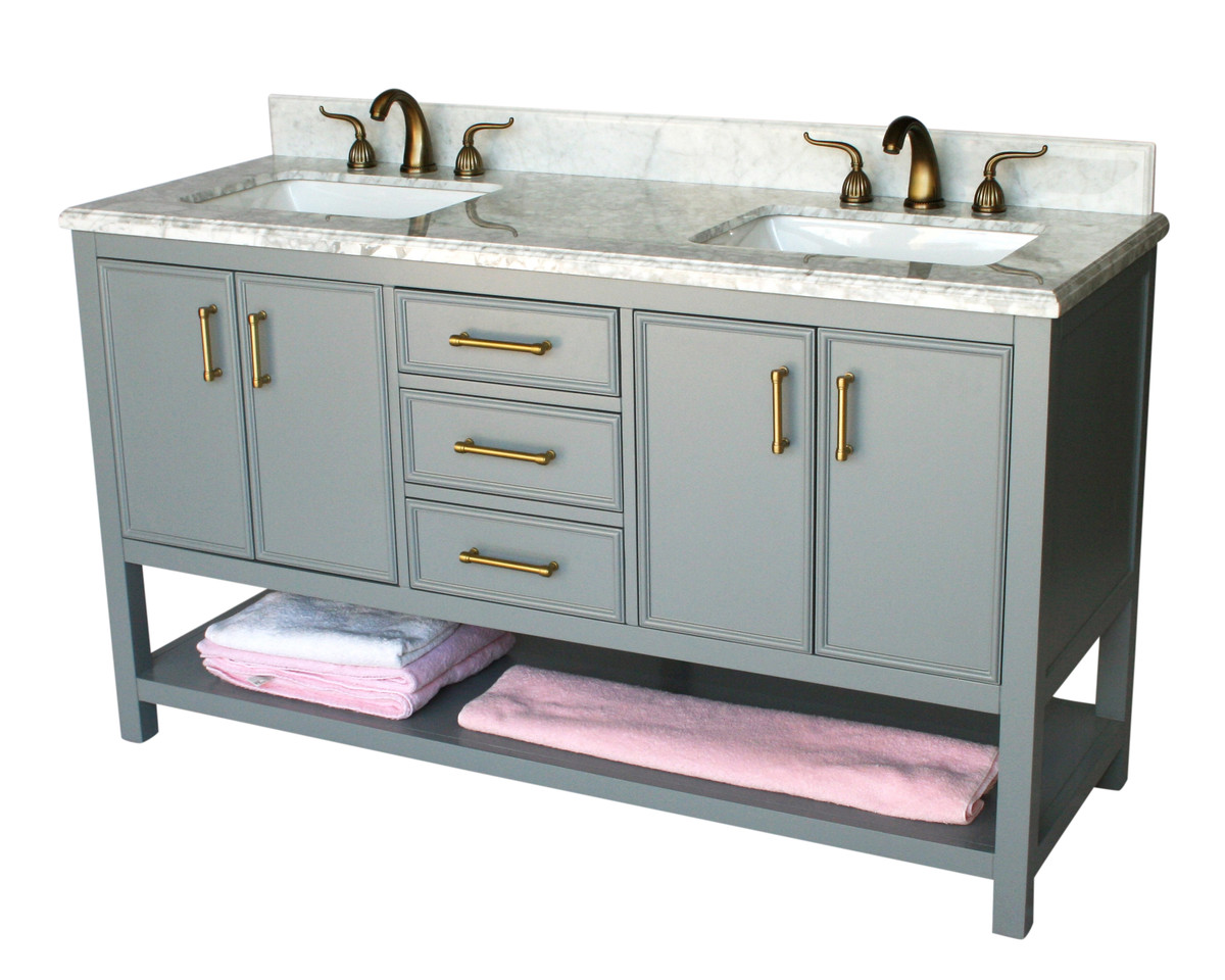 61" Adelina Contemporary Style Double Sink Bathroom Vanity in Gray Finish with White Italian Carrara Marble Countertop and Rectangular White Porcelain Sink