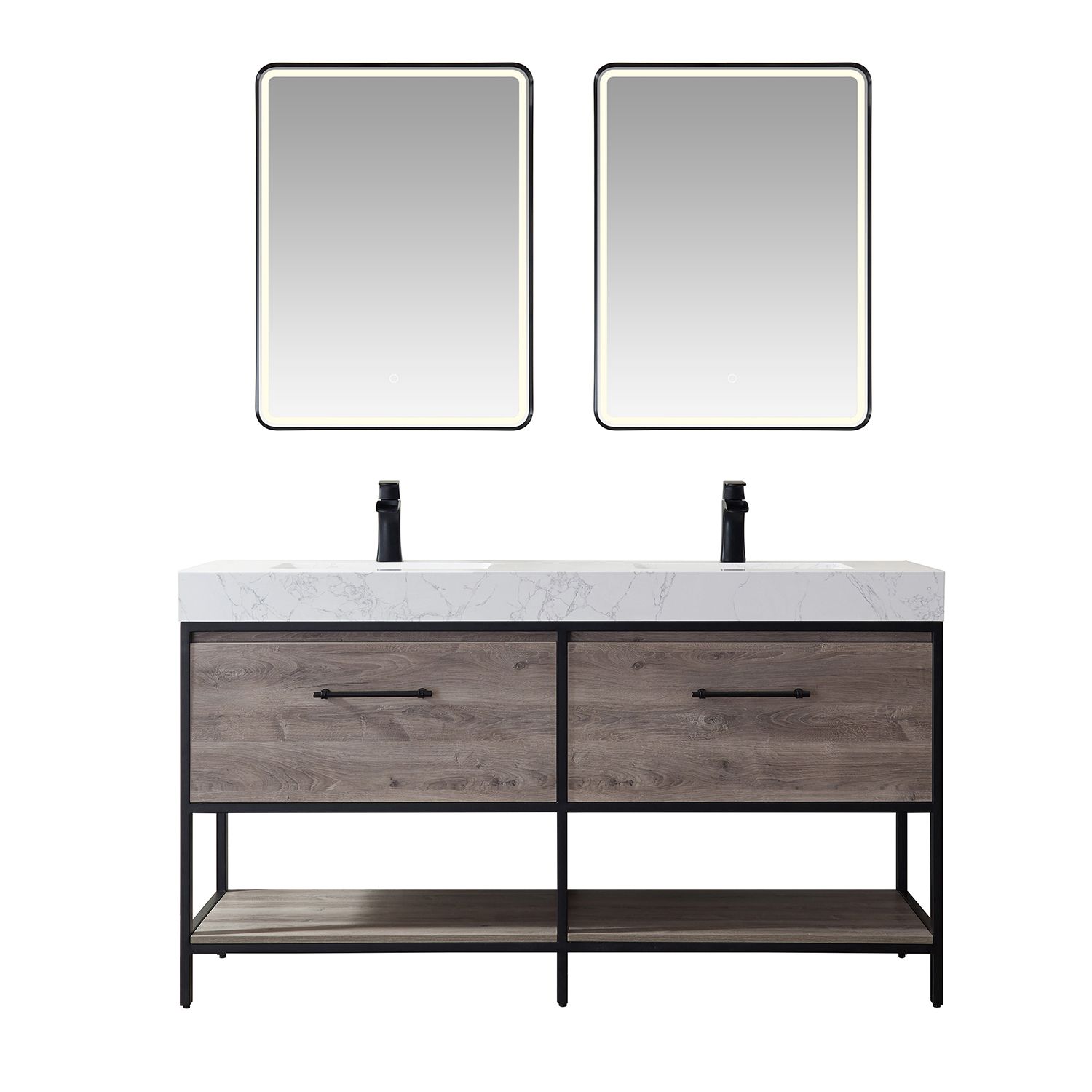 60" Vanity in Mexican Oak with White Composite Grain Stone Countertop Without Mirror