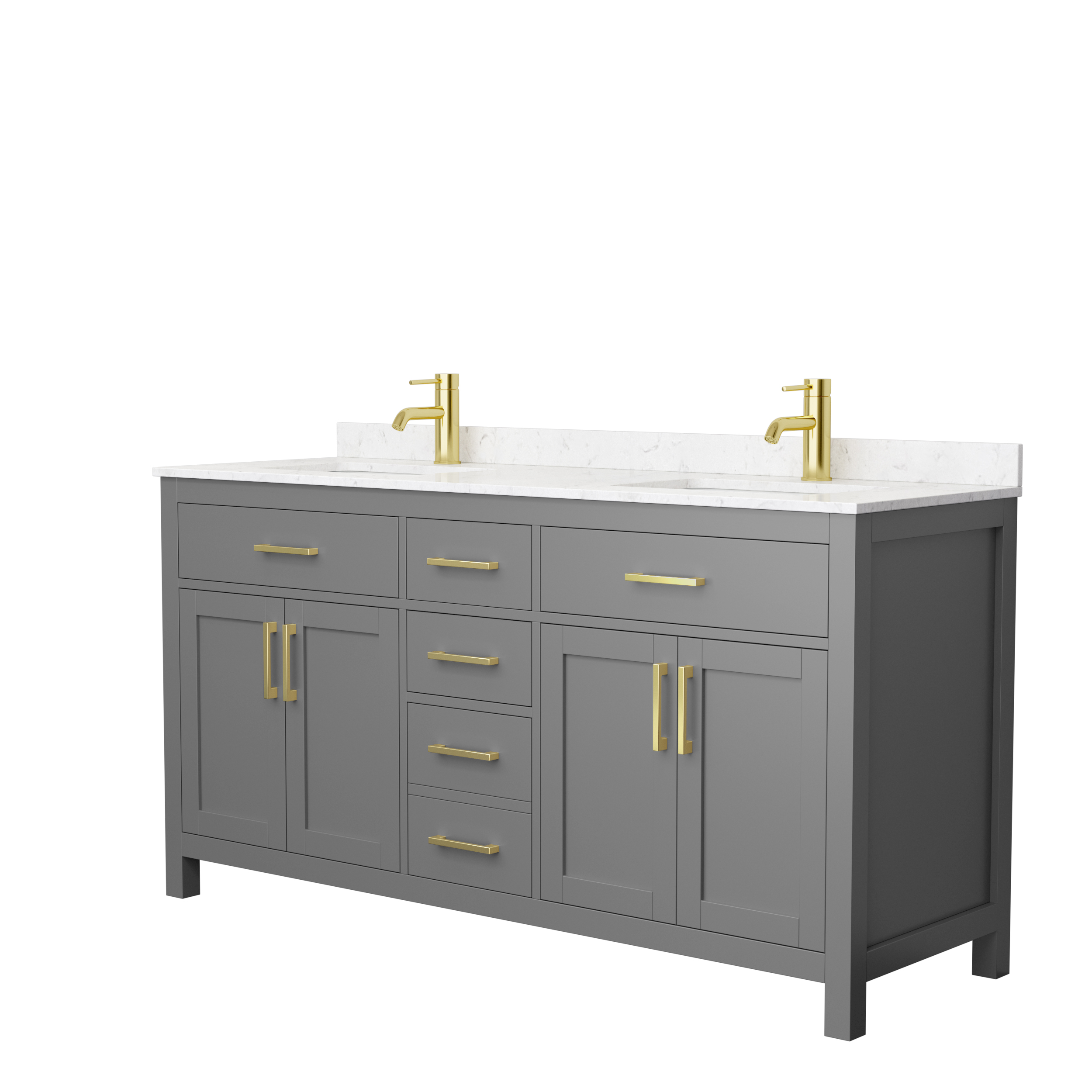 66" Double Bathroom Vanity in Dark Gray, Carrara Cultured Marble Countertop, Undermount Square Sinks, Brushed Gold Trim