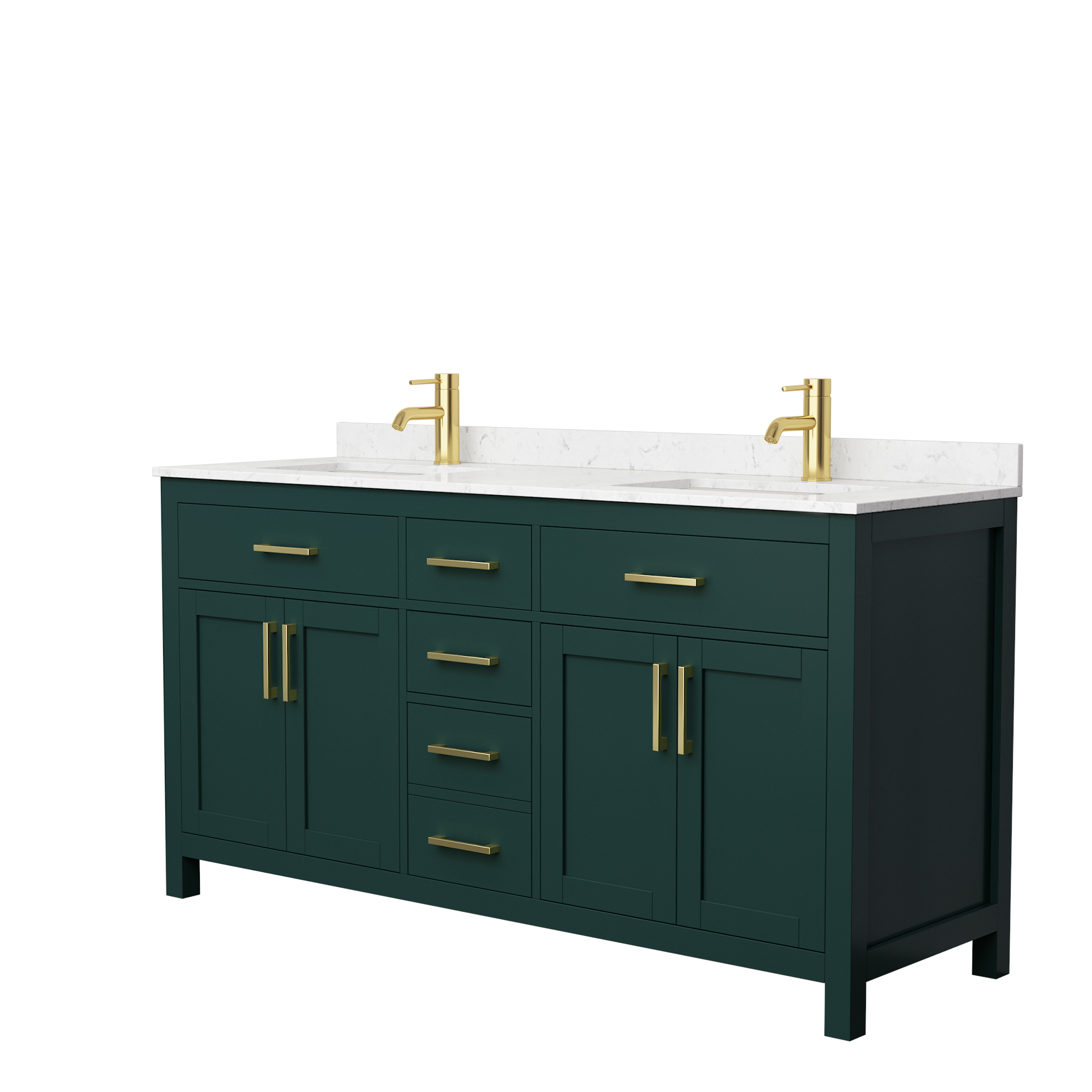 66" Double Bathroom Vanity in Green, Carrara Cultured Marble Countertop, Undermount Square Sinks, Brushed Gold Trim