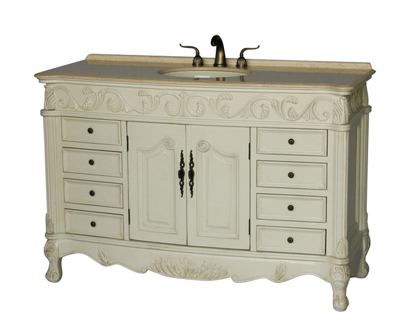 60" Adelina Antique Style Single Sink Bathroom Vanity in Antique White Finish with Cream Marble Countertop and Oval Bone Porcelain Sink