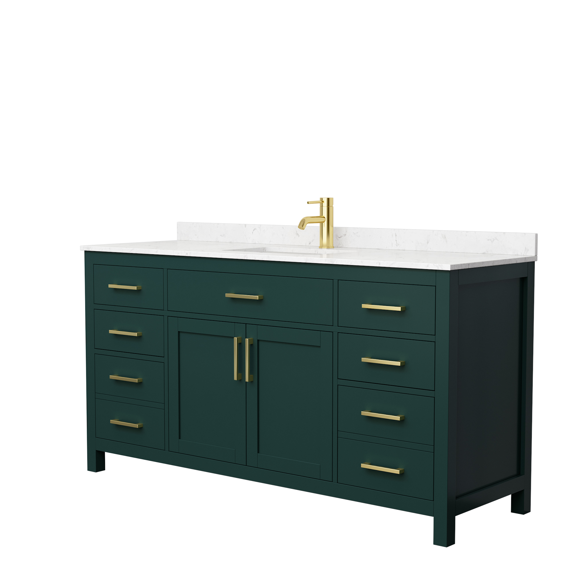 66" Single Bathroom Vanity in Green, Carrara Cultured Marble Countertop, Undermount Square Sink, Brushed Gold Trim