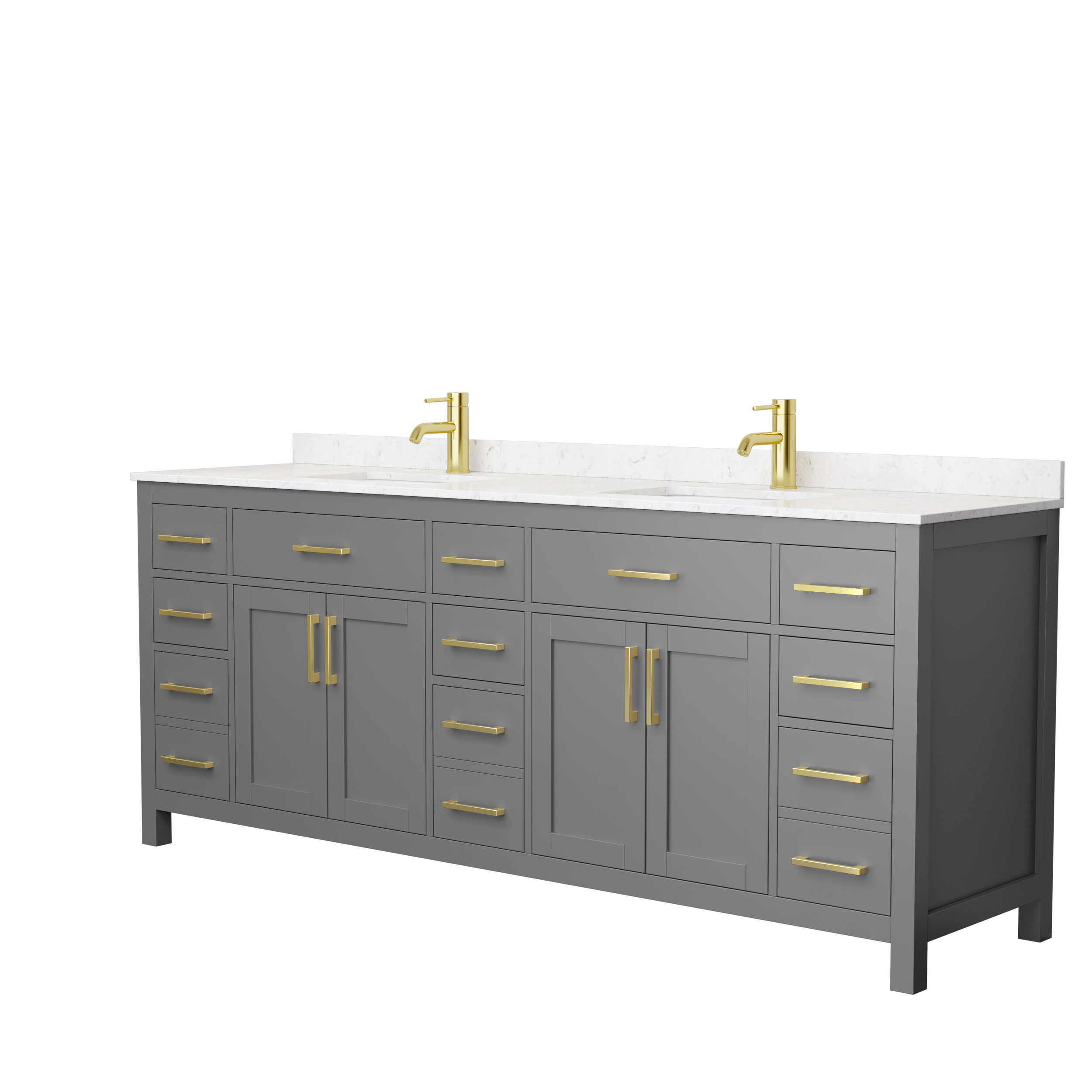 84" Double Bathroom Vanity in Dark Gray, Carrara Cultured Marble Countertop, Undermount Square Sinks, Brushed Gold Trim