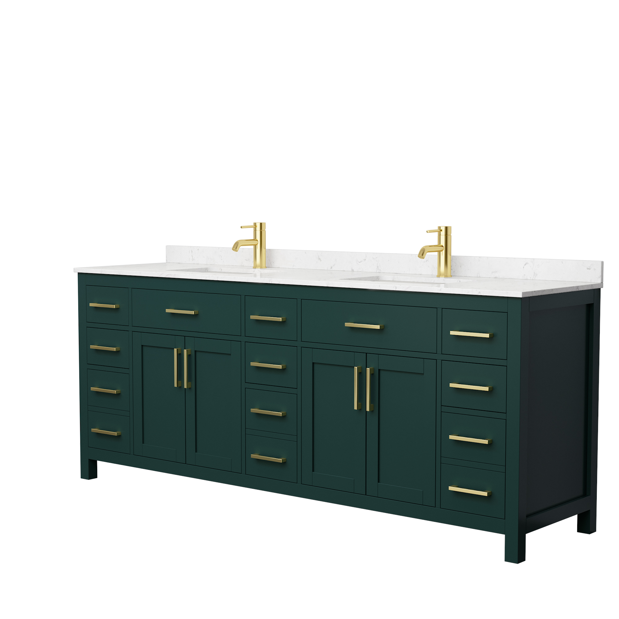 84" Double Bathroom Vanity in Green, Carrara Cultured Marble Countertop, Undermount Square Sinks, Brushed Gold Trim