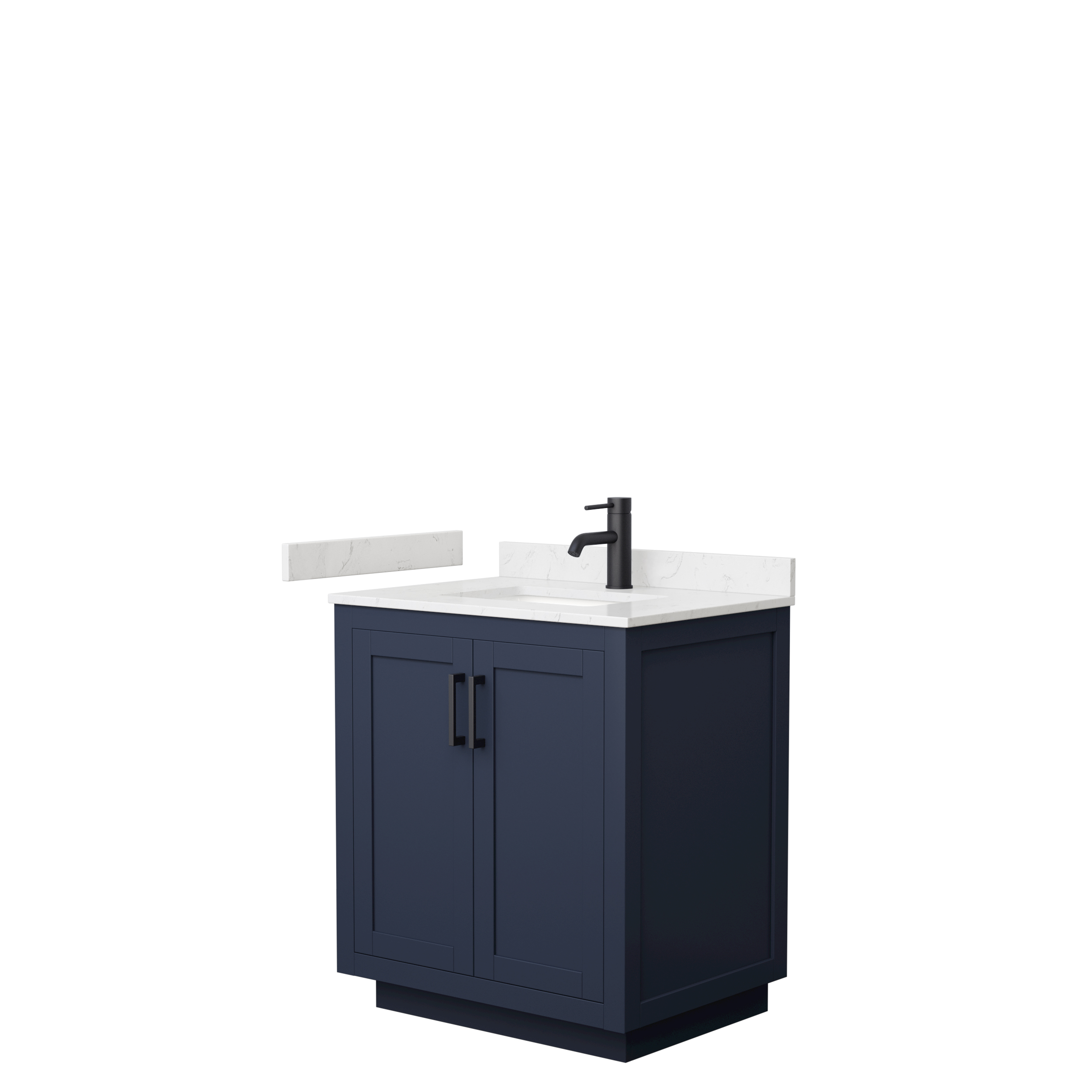 30" Single Bathroom Vanity in Dark Blue, Light-Vein Carrara Cultured Marble Countertop, Undermount Square Sink, Matte Black Trim