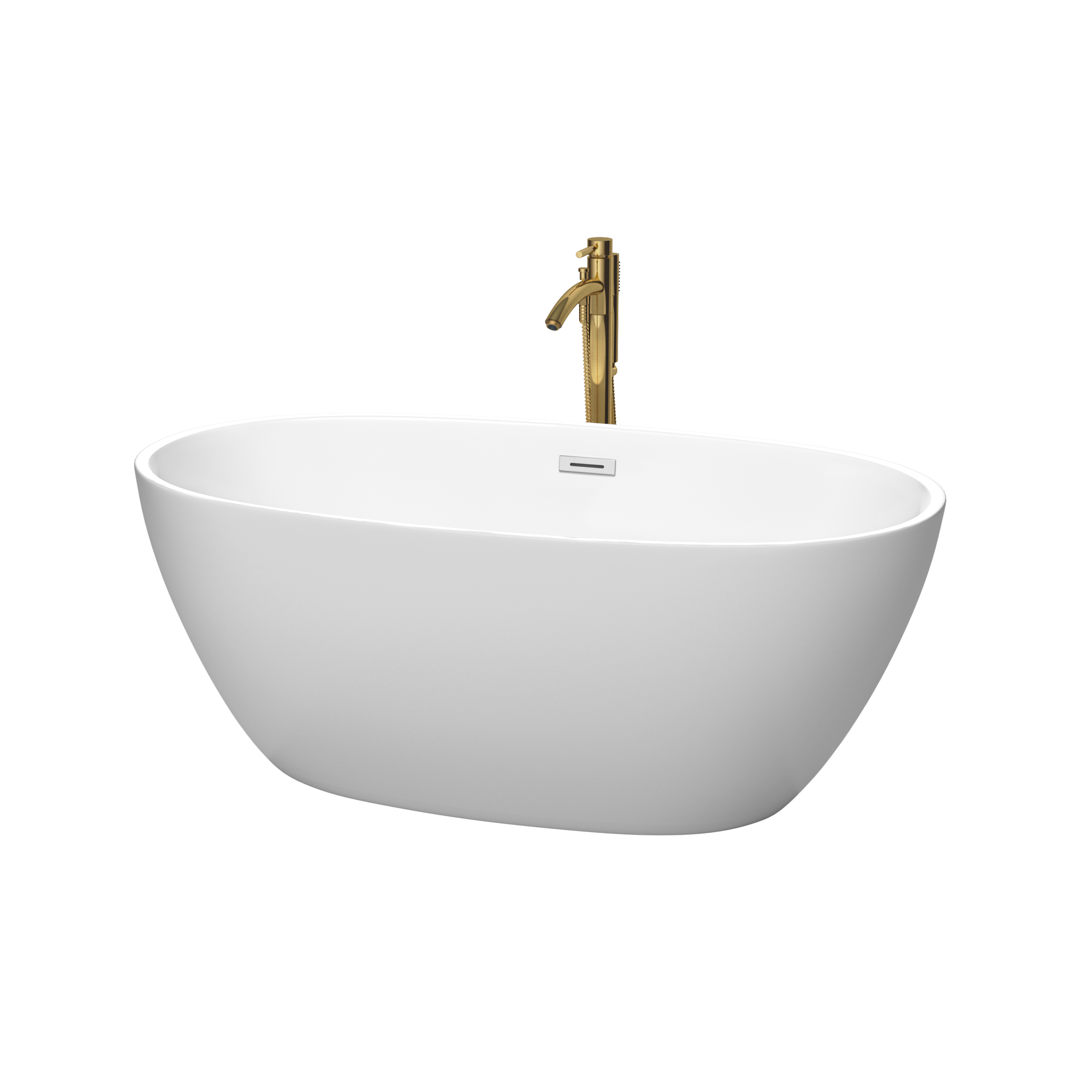 59" Freestanding Bathtub in Matte White with Polished Chrome Trim and Floor Mounted Faucet in Brushed Gold