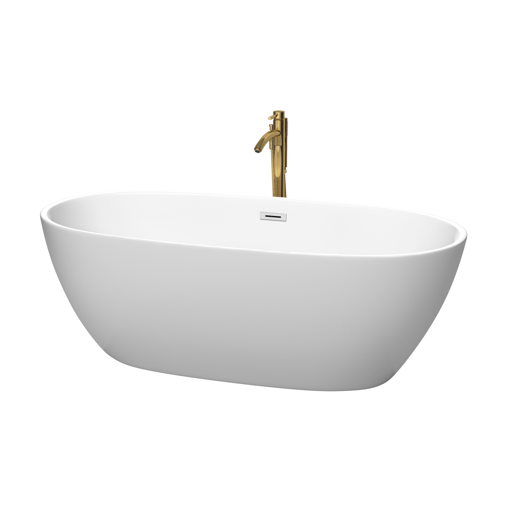 67" Freestanding Bathtub in Matte White with Polished Chrome Trim and Floor Mounted Faucet in Brushed Gold