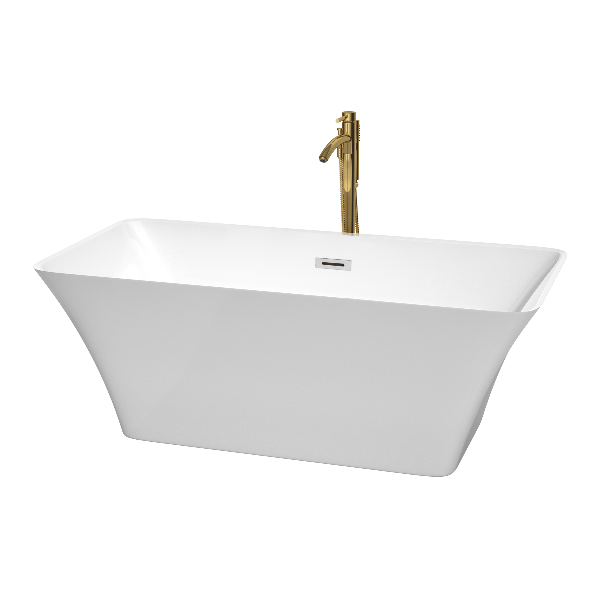 59" Freestanding Bathtub in White with Polished Chrome Trim and Floor Mounted Faucet in Brushed Gold
