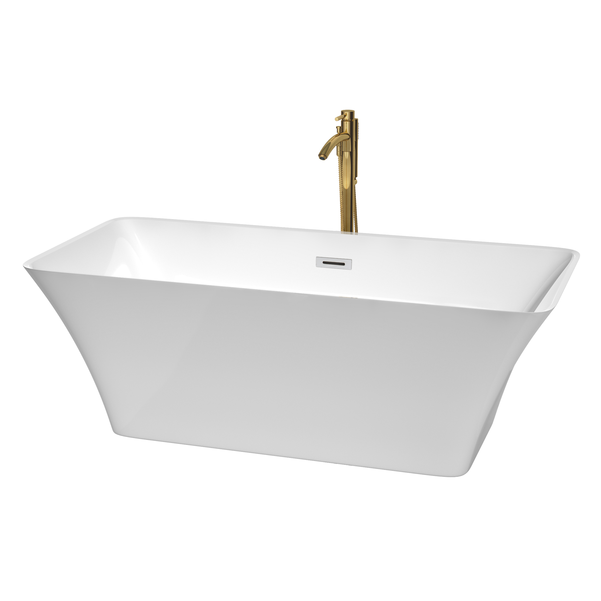 67" Freestanding Bathtub in White with Polished Chrome Trim and Floor Mounted Faucet in Brushed Gold