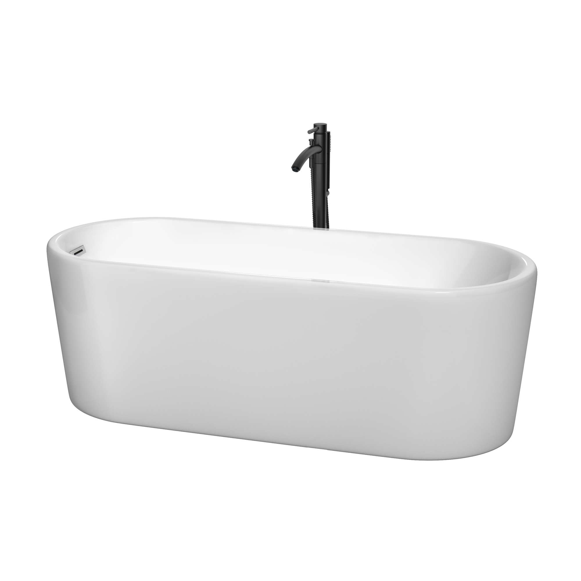 67" Freestanding Bathtub in White with Polished Chrome Trim and Floor Mounted Faucet in Matte Black Finish