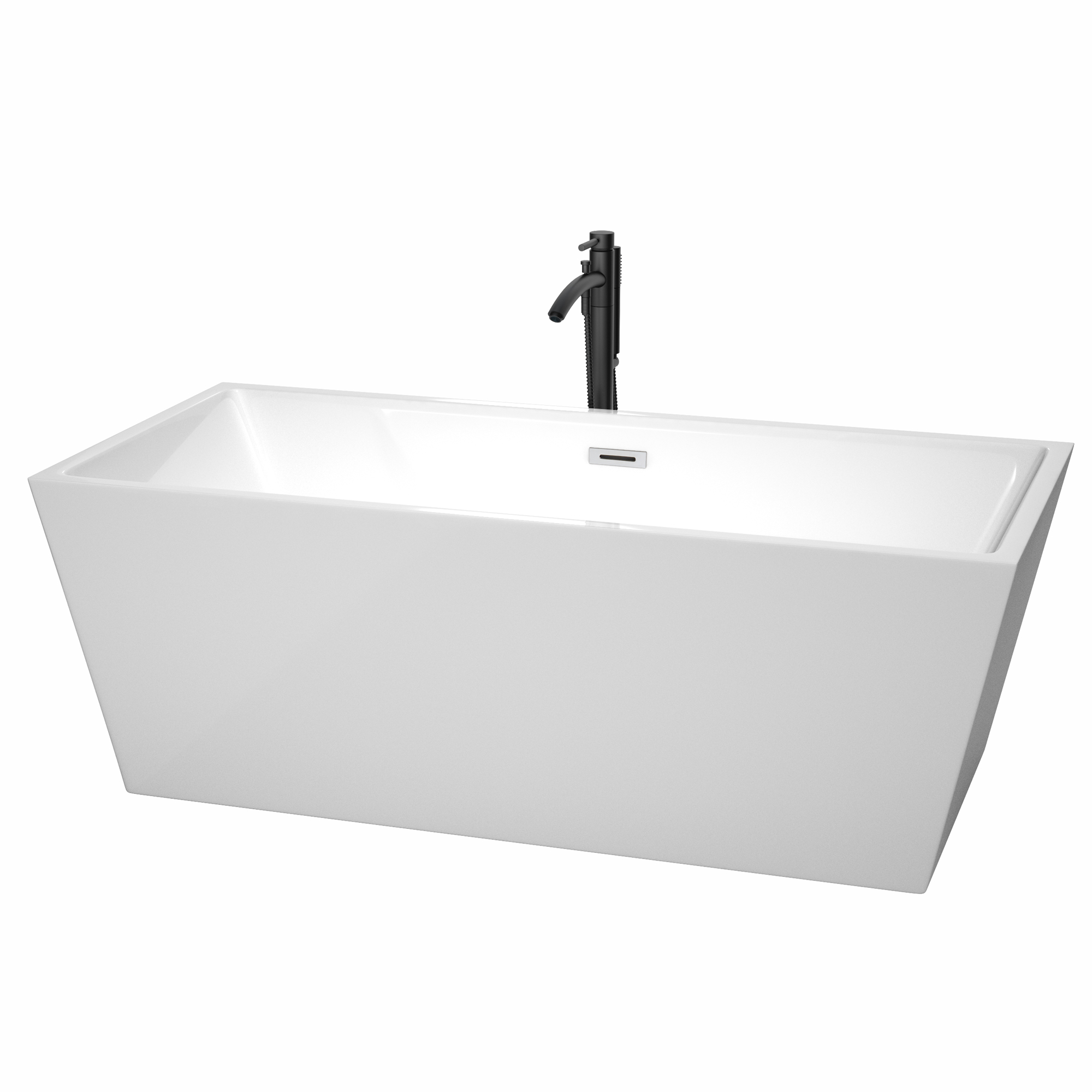 67" Freestanding Bathtub in White Finish with Polished Chrome Trim and Floor Mounted Faucet in Matte Black