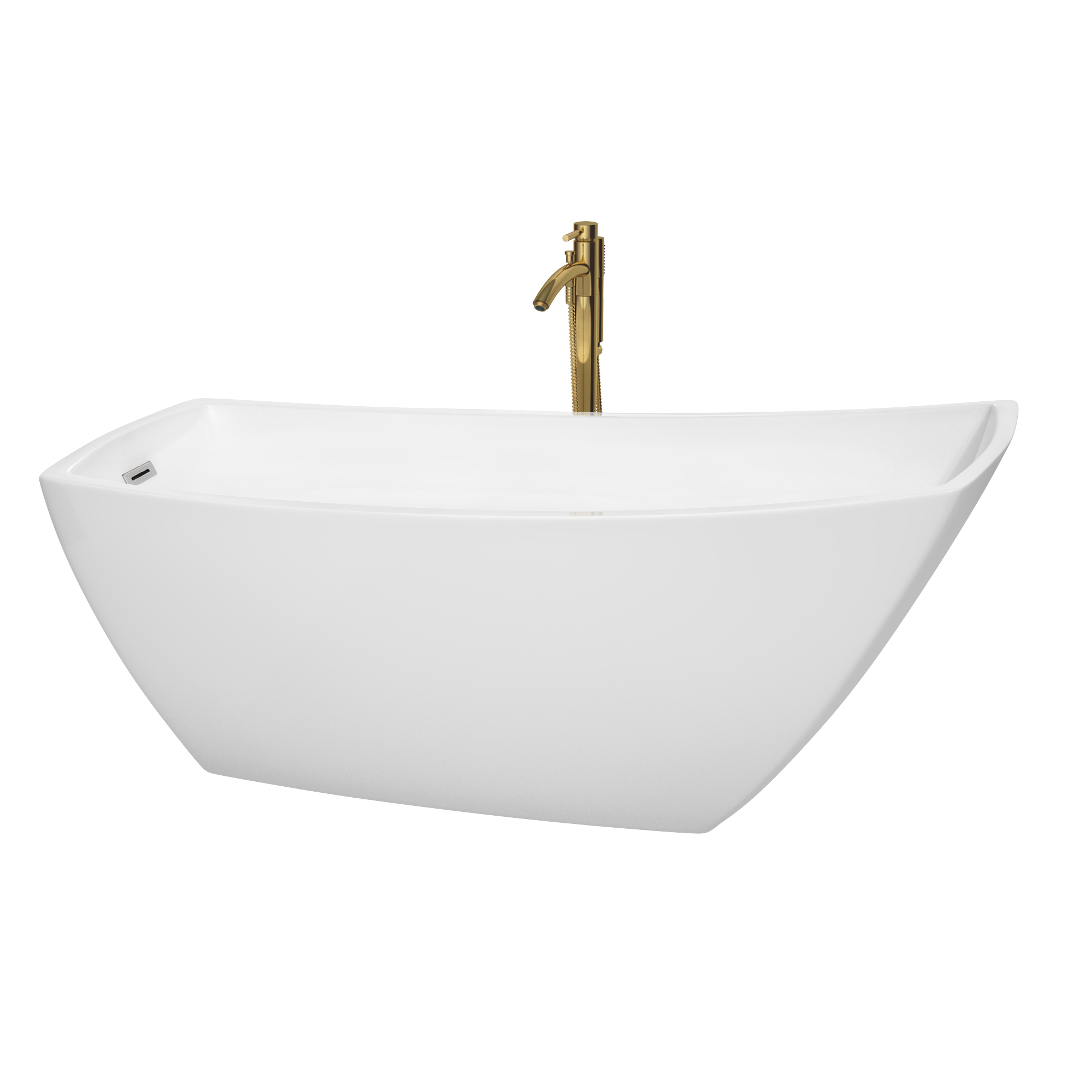 67" Freestanding Bathtub in White Finish with Polished Chrome Trim and Floor Mounted Faucet in Brushed Gold