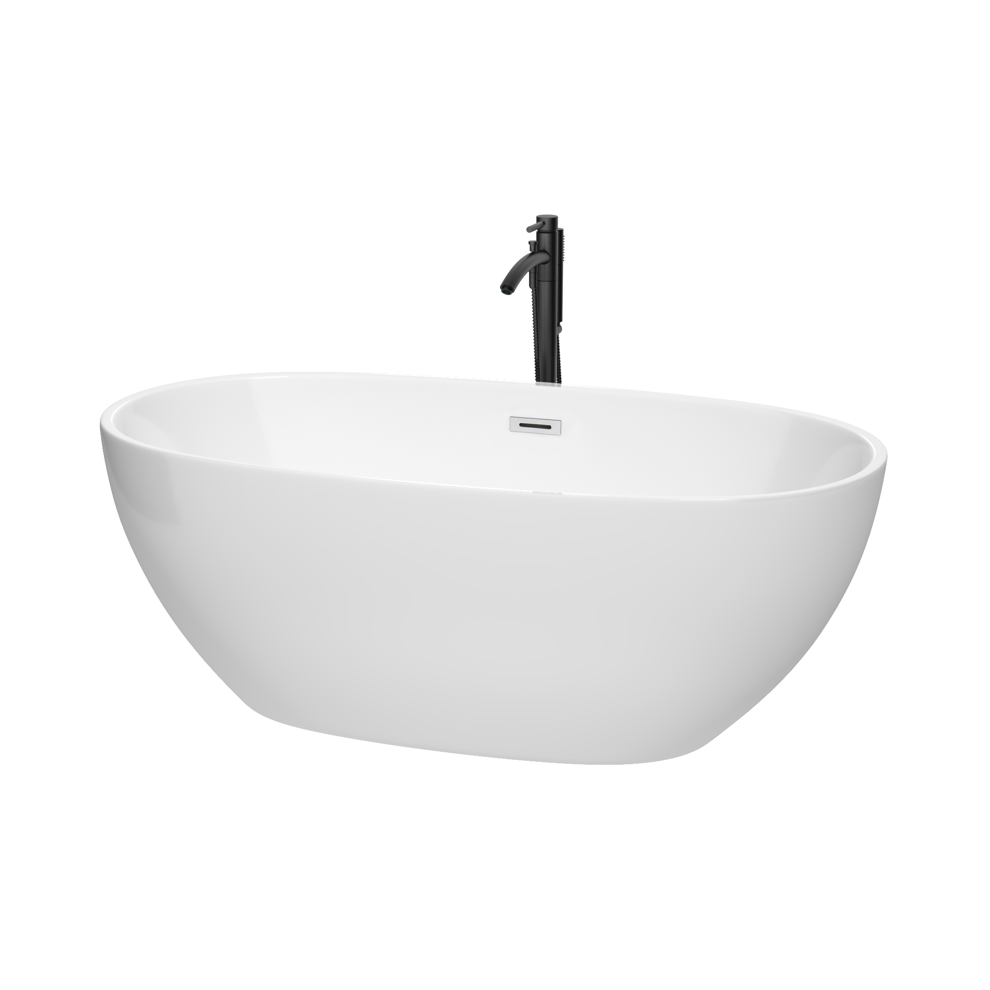 63" Freestanding Bathtub in White with Polished Chrome Trim and Floor Mounted Faucet in Matte Black Finish