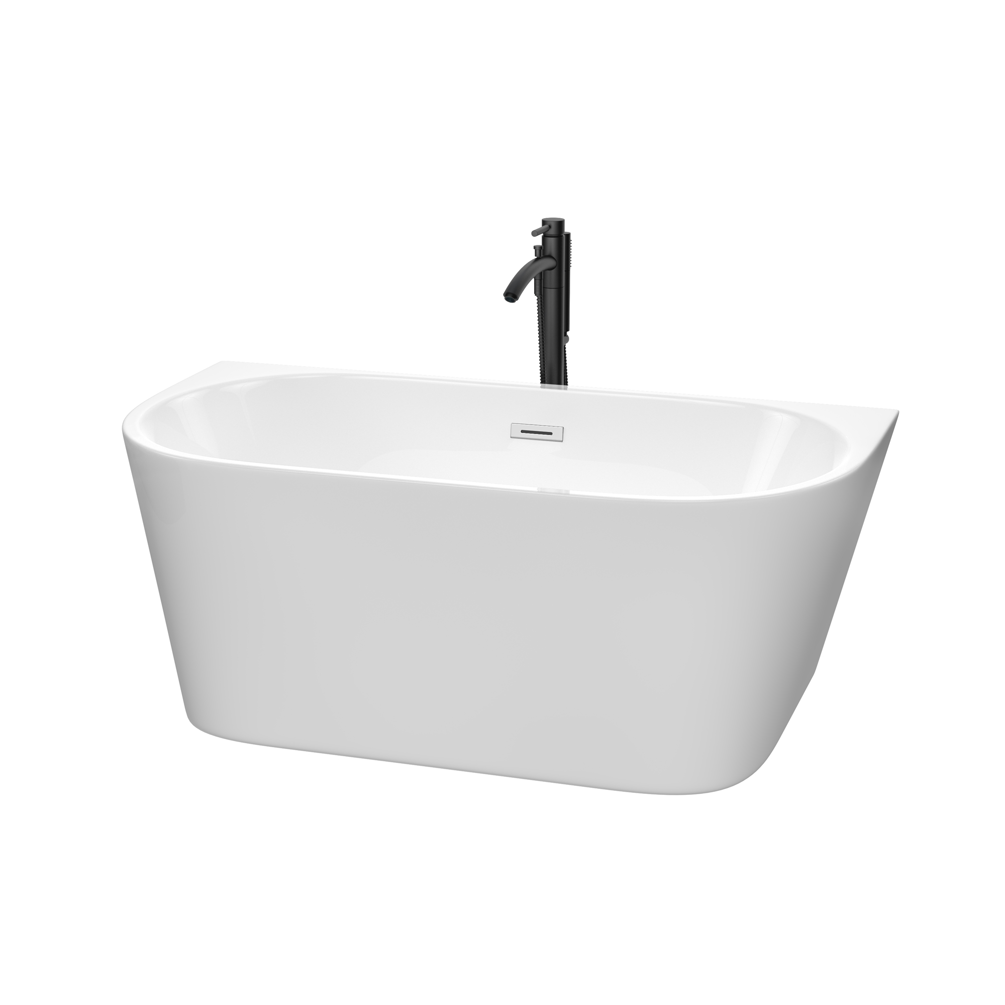 59" Freestanding Bathtub in White with Floor Mounted Faucet in Matte Black and Polished Chrome Trim