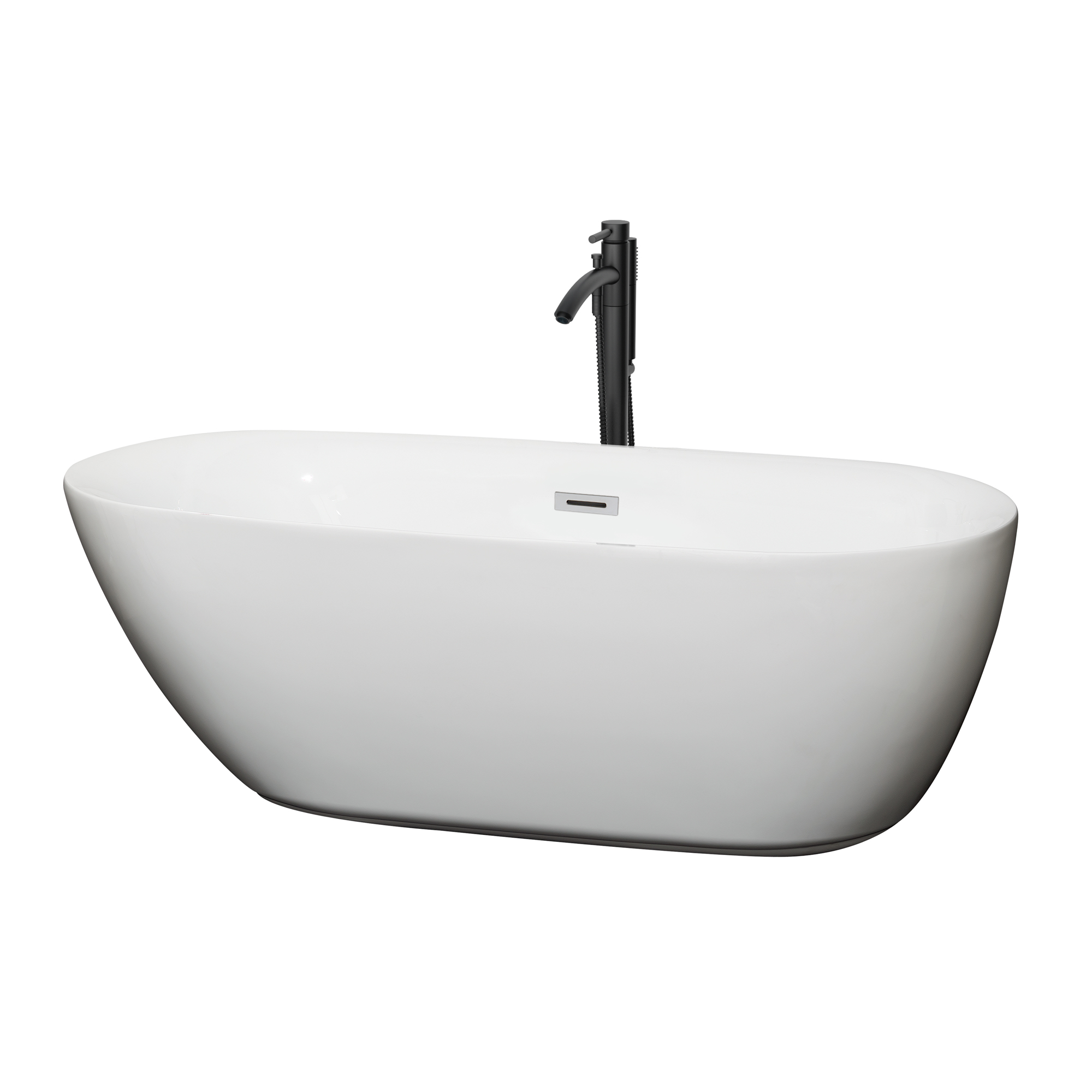 65" Freestanding Bathtub in White with Polished Chrome Trim and Floor Mounted Faucet in Matte Black