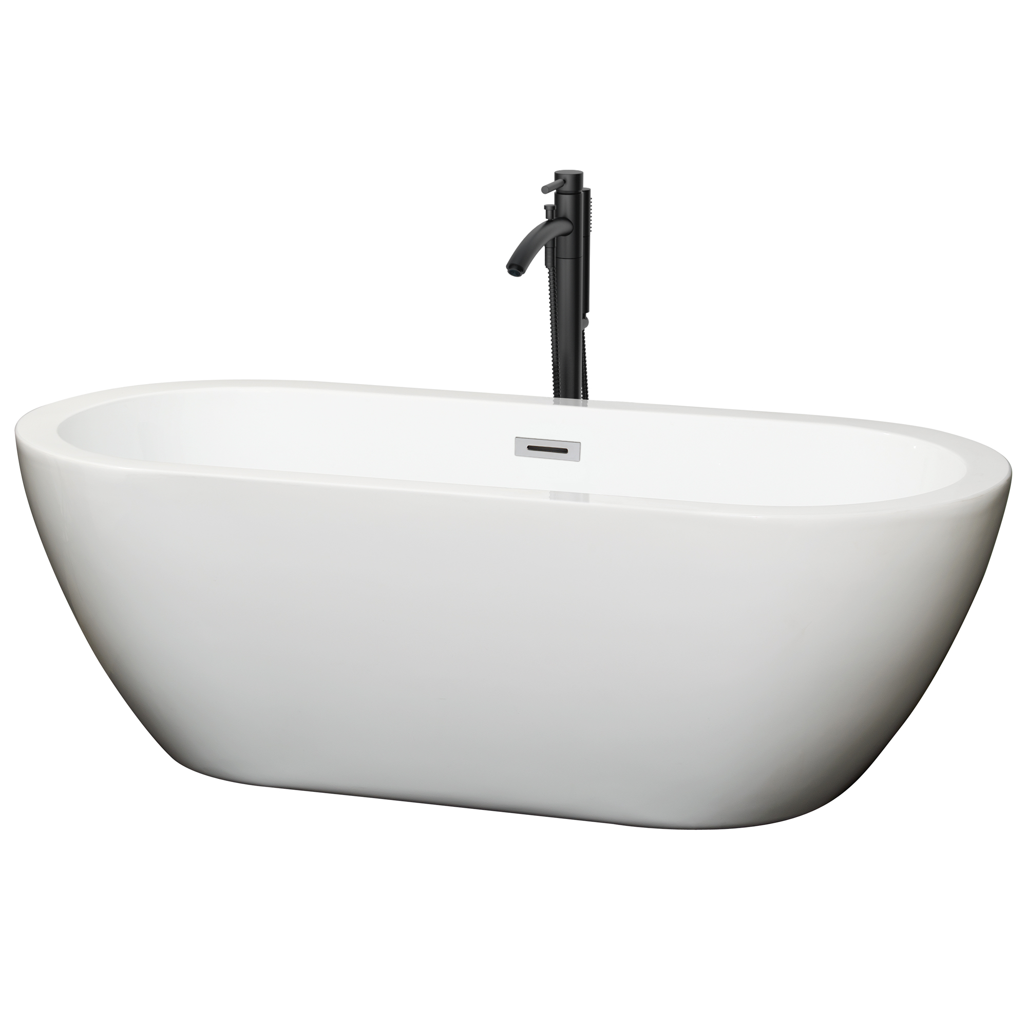 68" Freestanding Bathtub in White with Polished Chrome Trim and Floor Mounted Faucet in Matte Black Finish