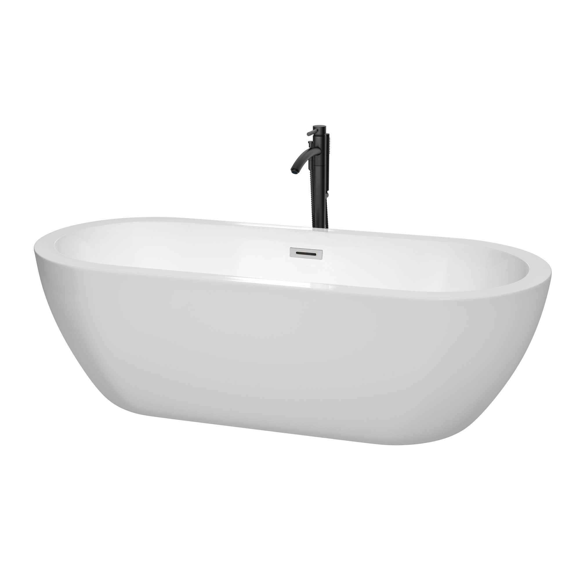 72" Freestanding Bathtub in White with Polished Chrome Trim and Floor Mounted Faucet in Matte Black