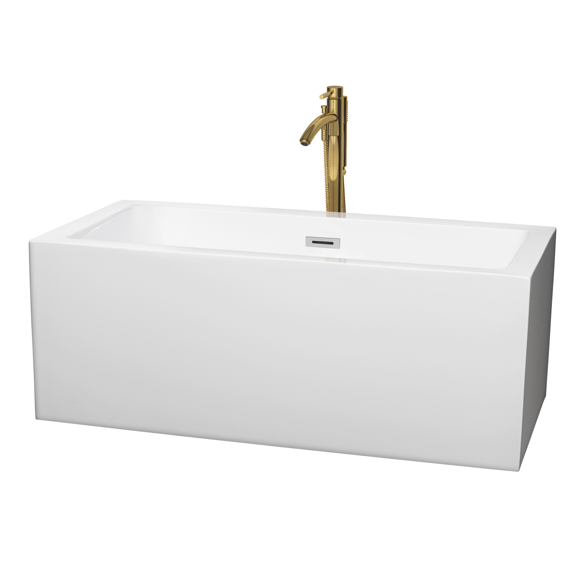 60" Freestanding Bathtub in White with Polished Chrome Trim and Floor Mounted Faucet in Brushed Gold Finish